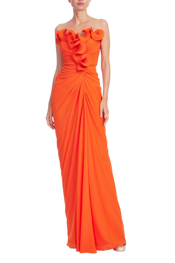 Strapless Floor-Length Georgette Evening Gown Ruffle Detail Badgley Mischka BB0028