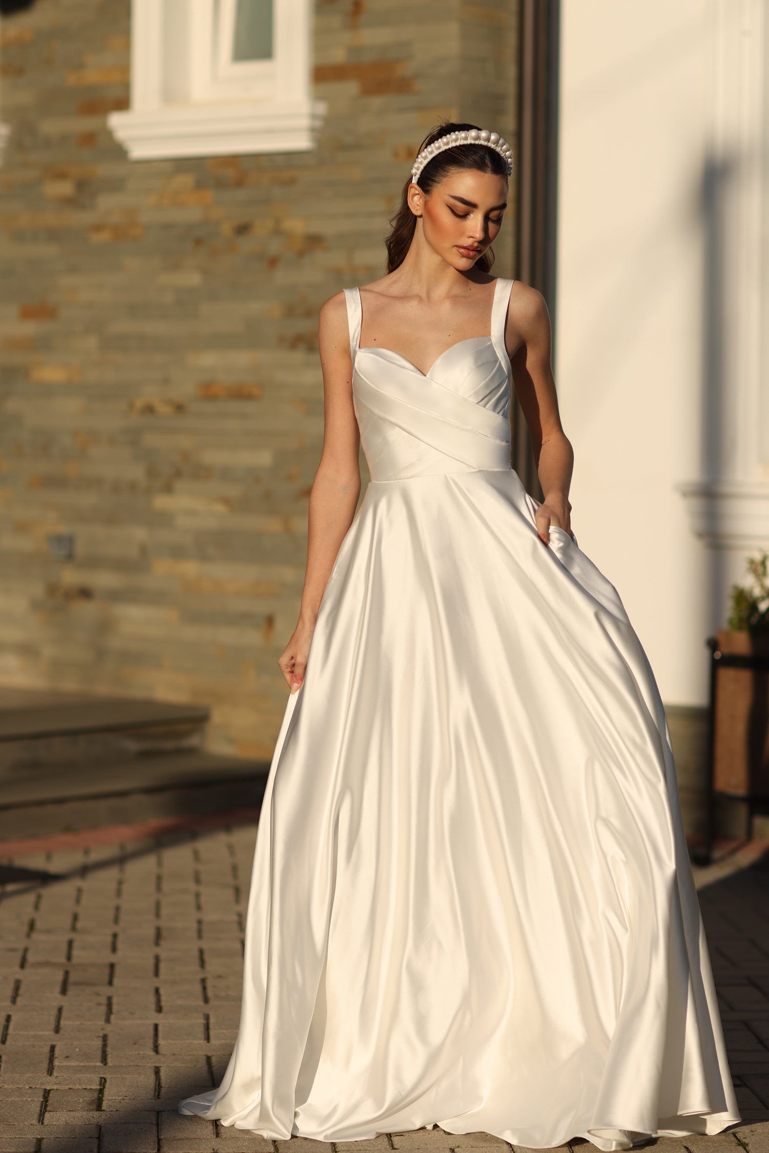 Tina Holly BB210W Wedding A-Line Pleated Flowy Satin Ball Dress - Off White / 22 Tina Holly BB210W Wedding A-Line Pleated Flowy Satin Ball Dress - Off White / 22