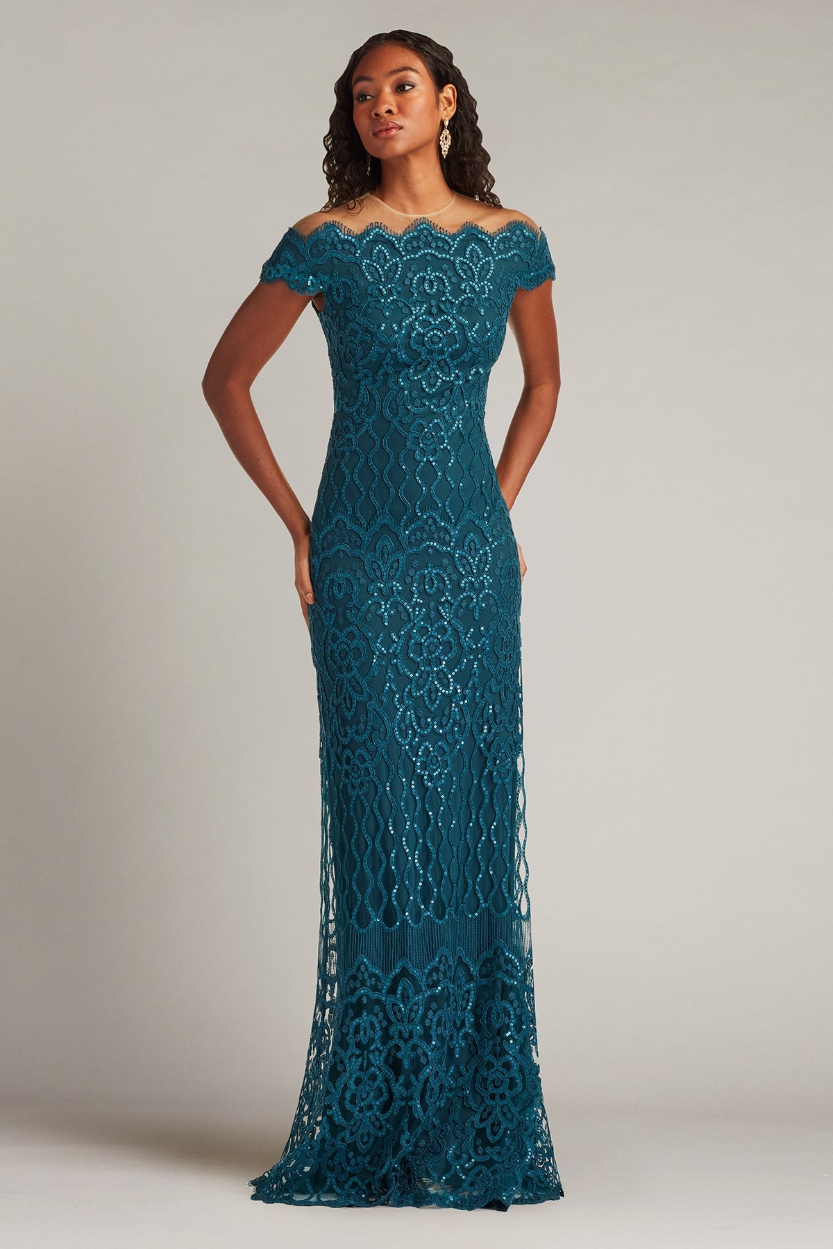 Off-the-Shoulder Floor-Length Lace Formal Sheath/Column Tadashi Shoji BJK26008L