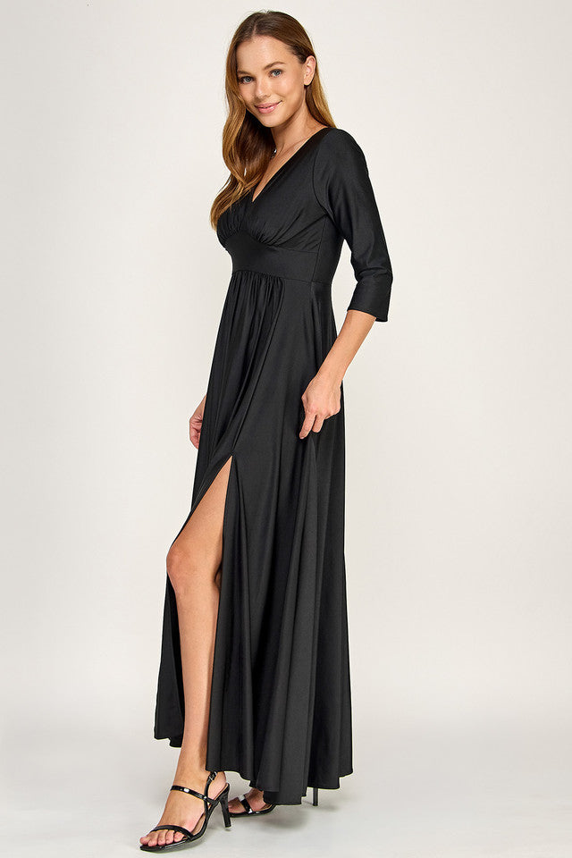 V-Neck Floor-Length Satin Formal A-Line Lenovia 3132