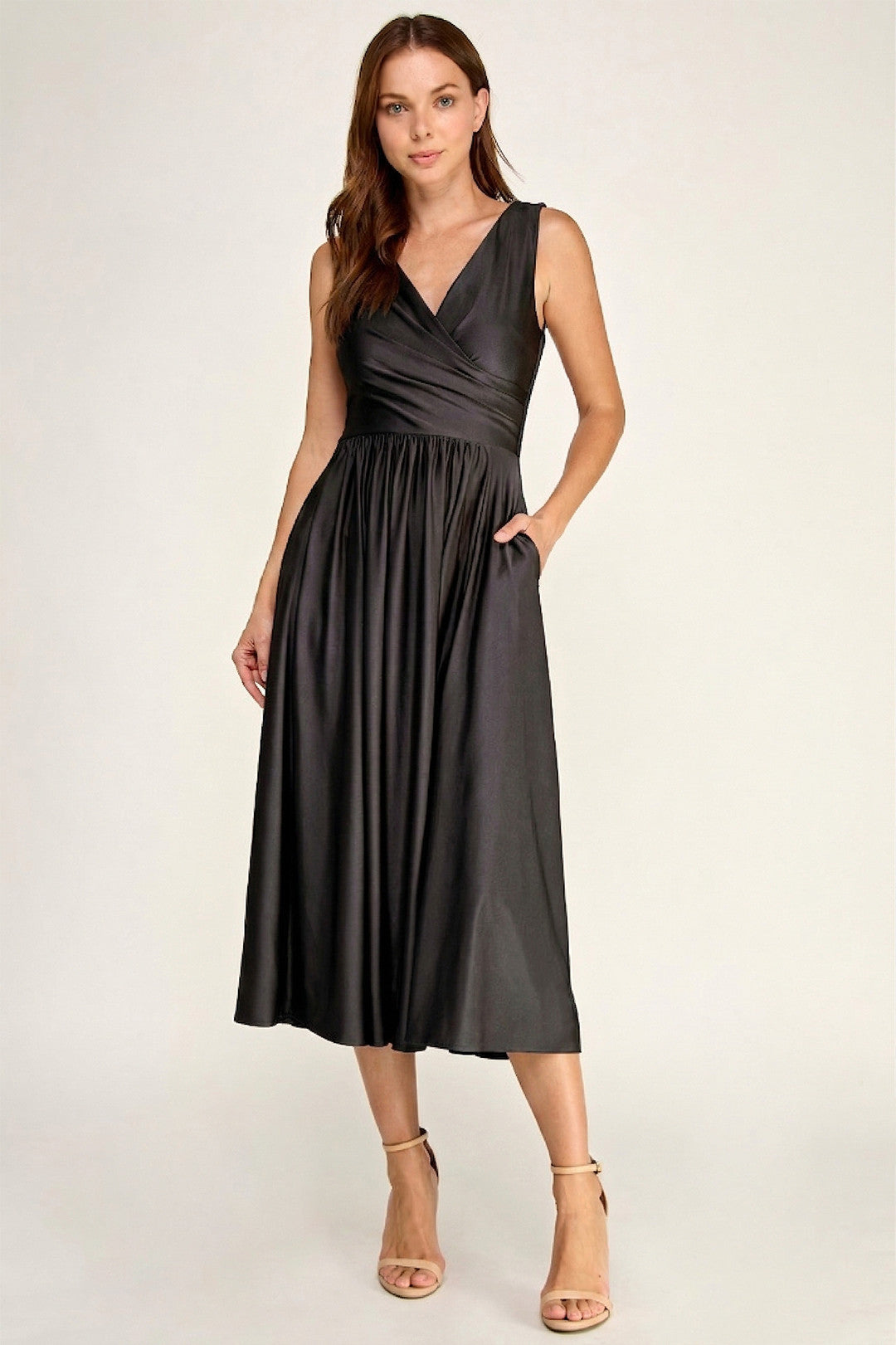 V-Neck Midi Satin Cocktail A-Line Lenovia 3131