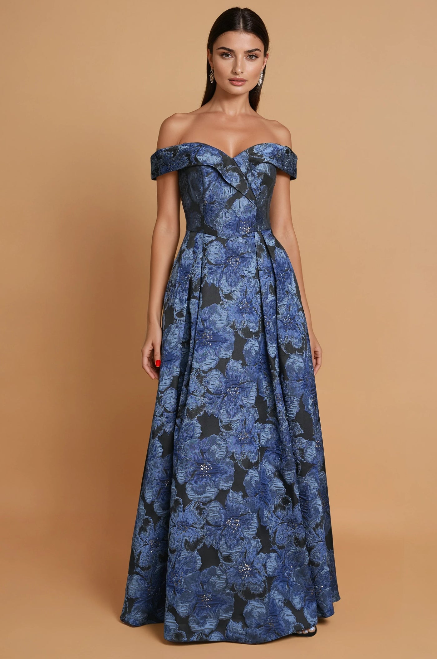 Off-Shoulder A-Line Floral Brocade Gown Teal