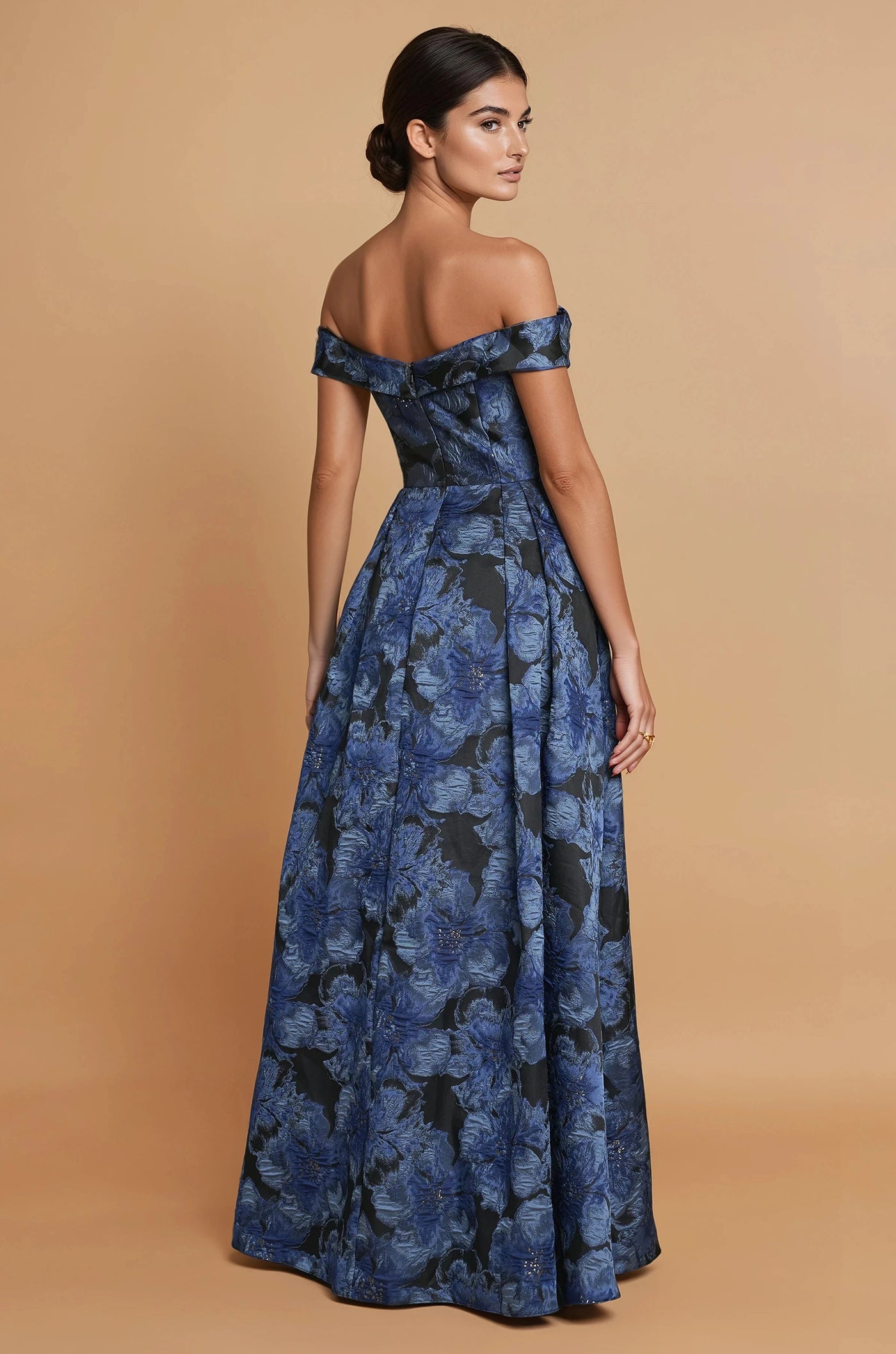 Off-Shoulder A-Line Floral Brocade Gown Teal