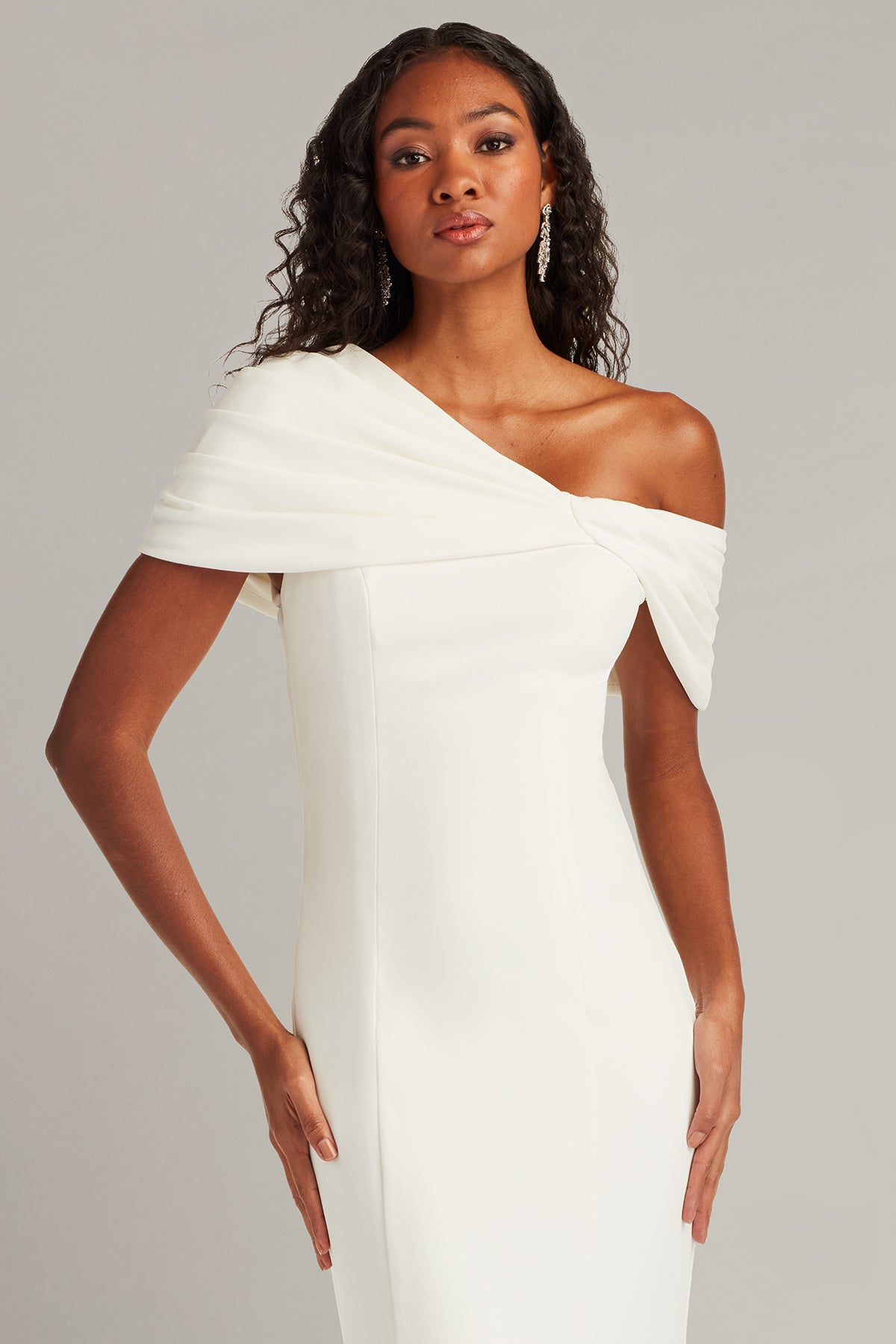 Off-the-Shoulder Floor-Length Crepe Wedding Dress Tadashi Shoji BOS26007LBR