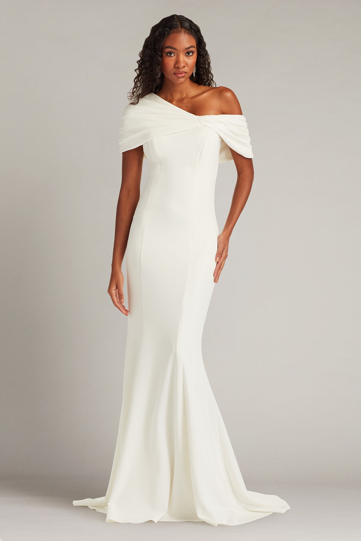 Off-the-Shoulder Floor-Length Crepe Wedding Dress Tadashi Shoji BOS26007LBR