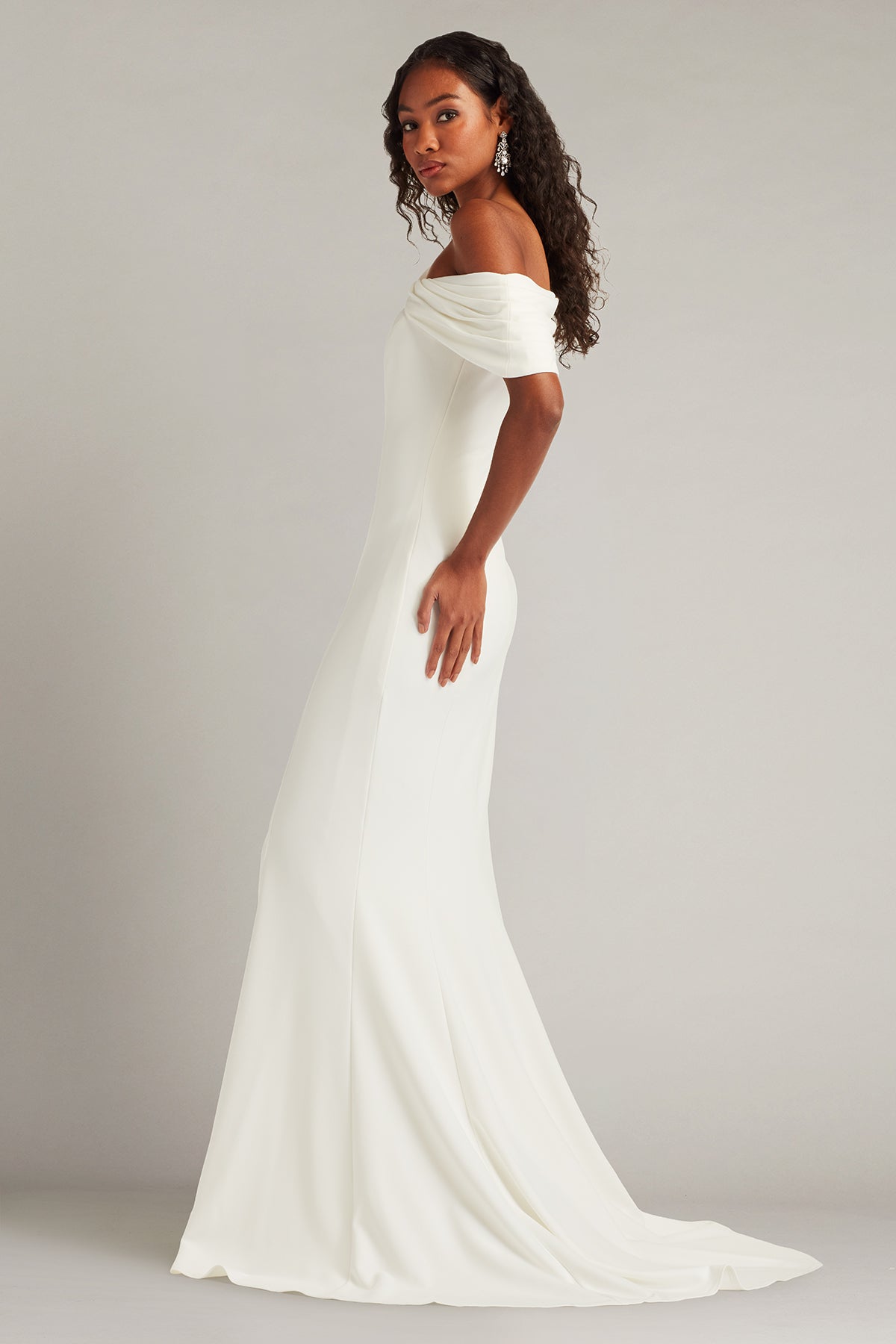Off-the-Shoulder Floor-Length Crepe Wedding Dress Tadashi Shoji BOS26007LBR