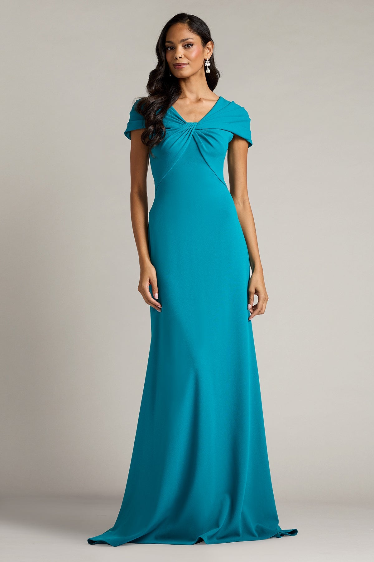 Off-the-Shoulder Floor-Length Crepe Formal Sheath Tadashi Shoji BOS26277L