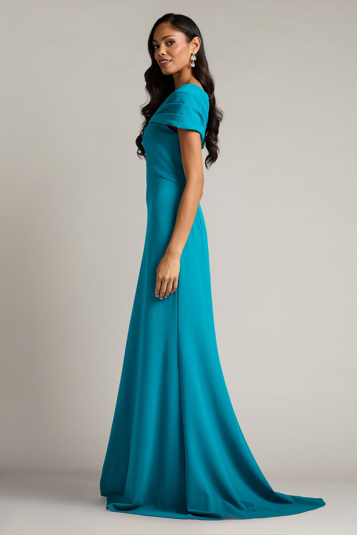 Off-the-Shoulder Floor-Length Crepe Formal Sheath Tadashi Shoji BOS26277L