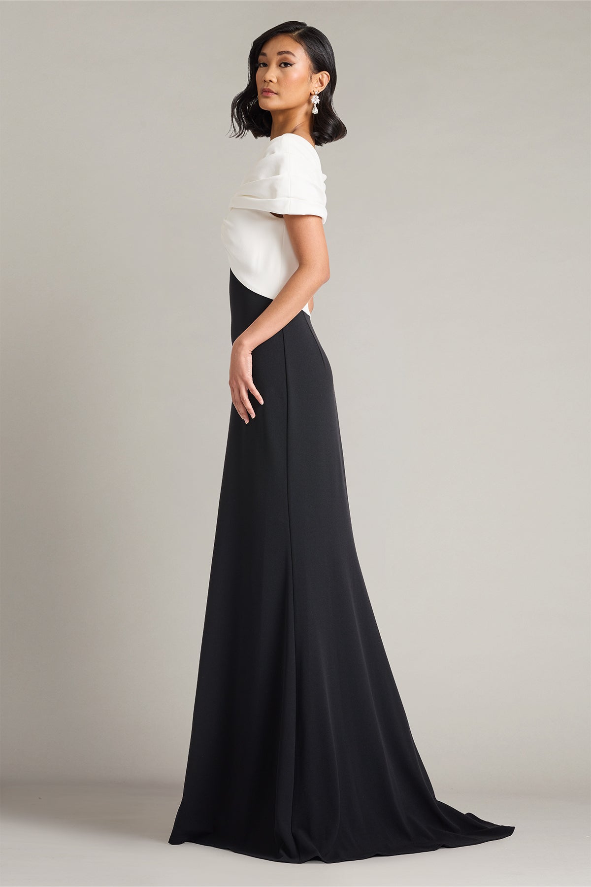 Off-the-Shoulder Floor-Length Crepe Formal Sheath Tadashi Shoji BOS26277L