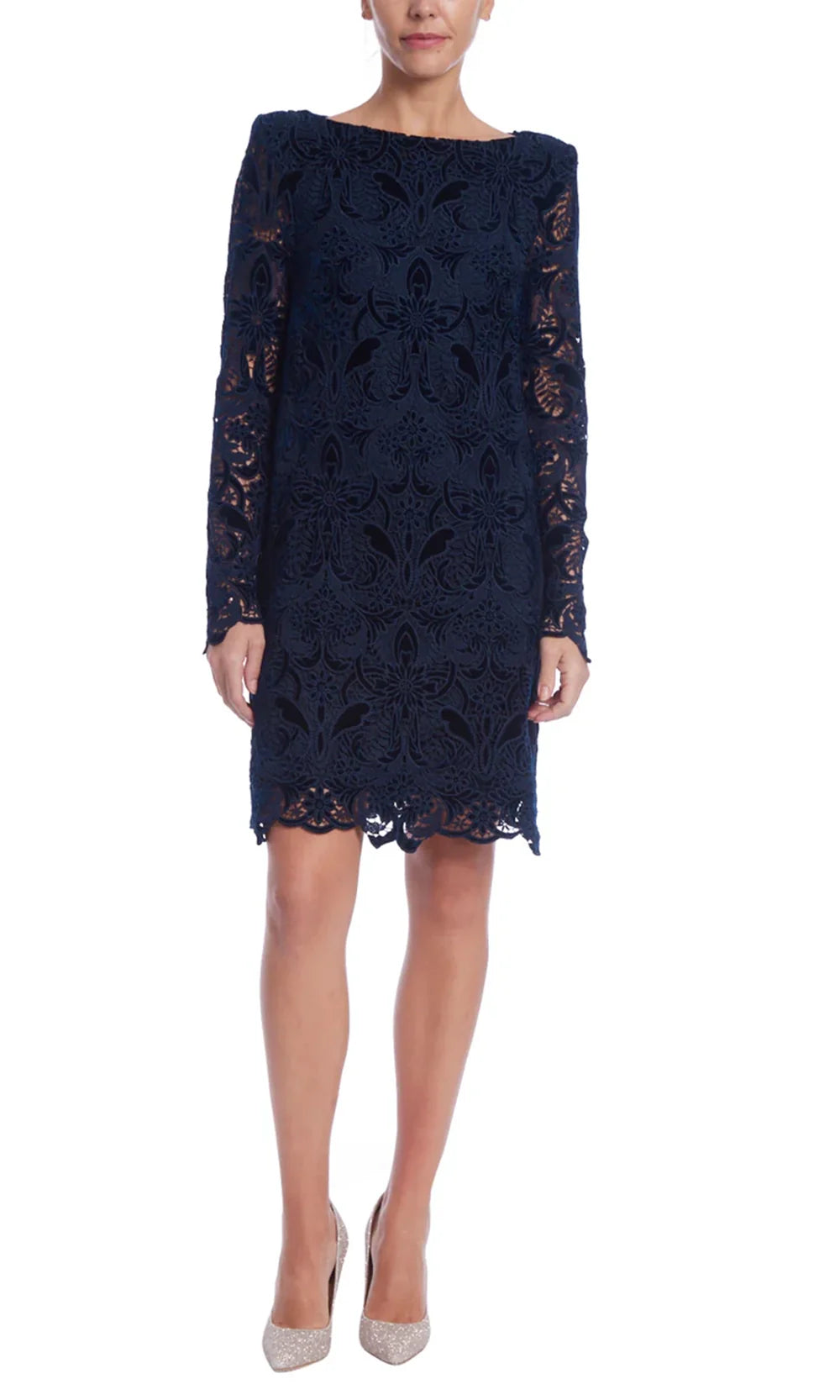 Navy Bateau Knee-Length Lace Cocktail Sheath Dress Sheer Long Sleeves and Scalloped Hem Badgley Mischka BSD5271