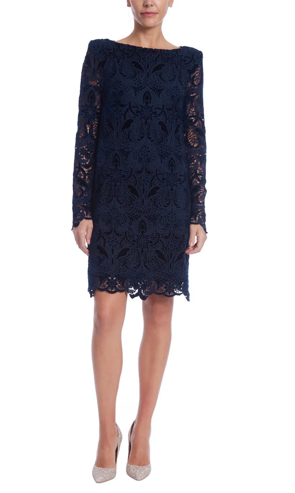 Bateau Knee-Length Lace Cocktail Sheath Dress Sheer Long Sleeves and Scalloped Hem Badgley Mischka BSD5271