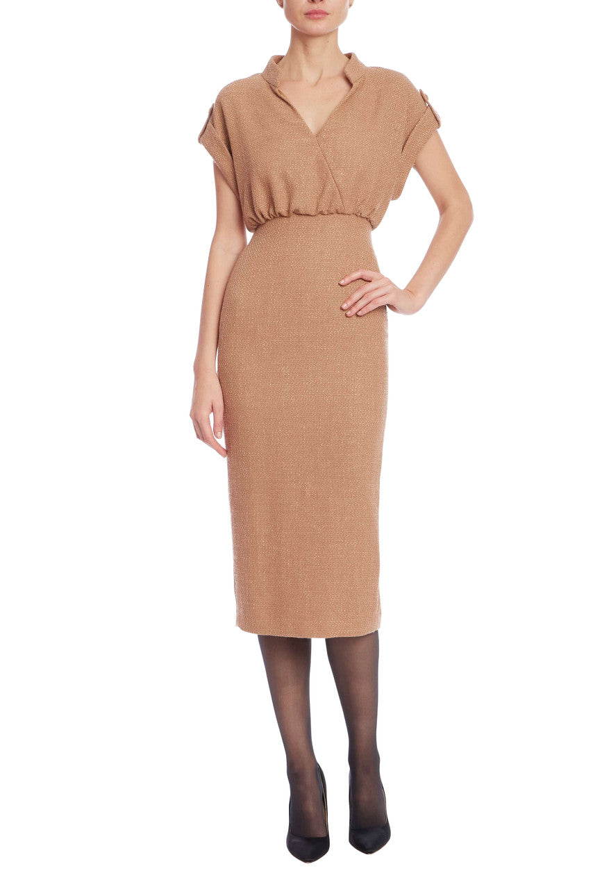 Tan Badgley Mischka BSD5577 Surplice Midi Cocktail Dress Shoulder Sleeves