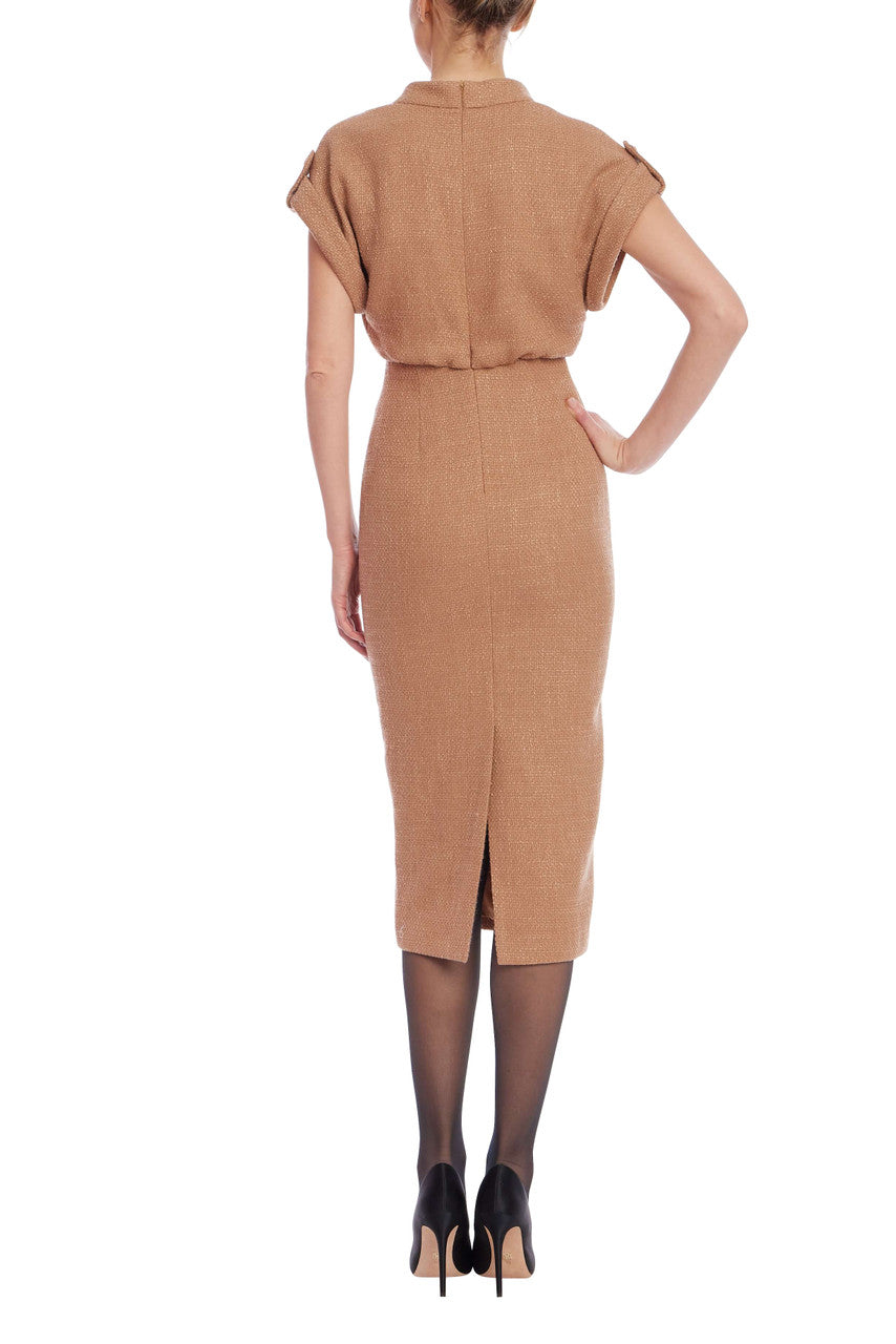 Tan Badgley Mischka BSD5577 Surplice Midi Cocktail Dress Shoulder Sleeves