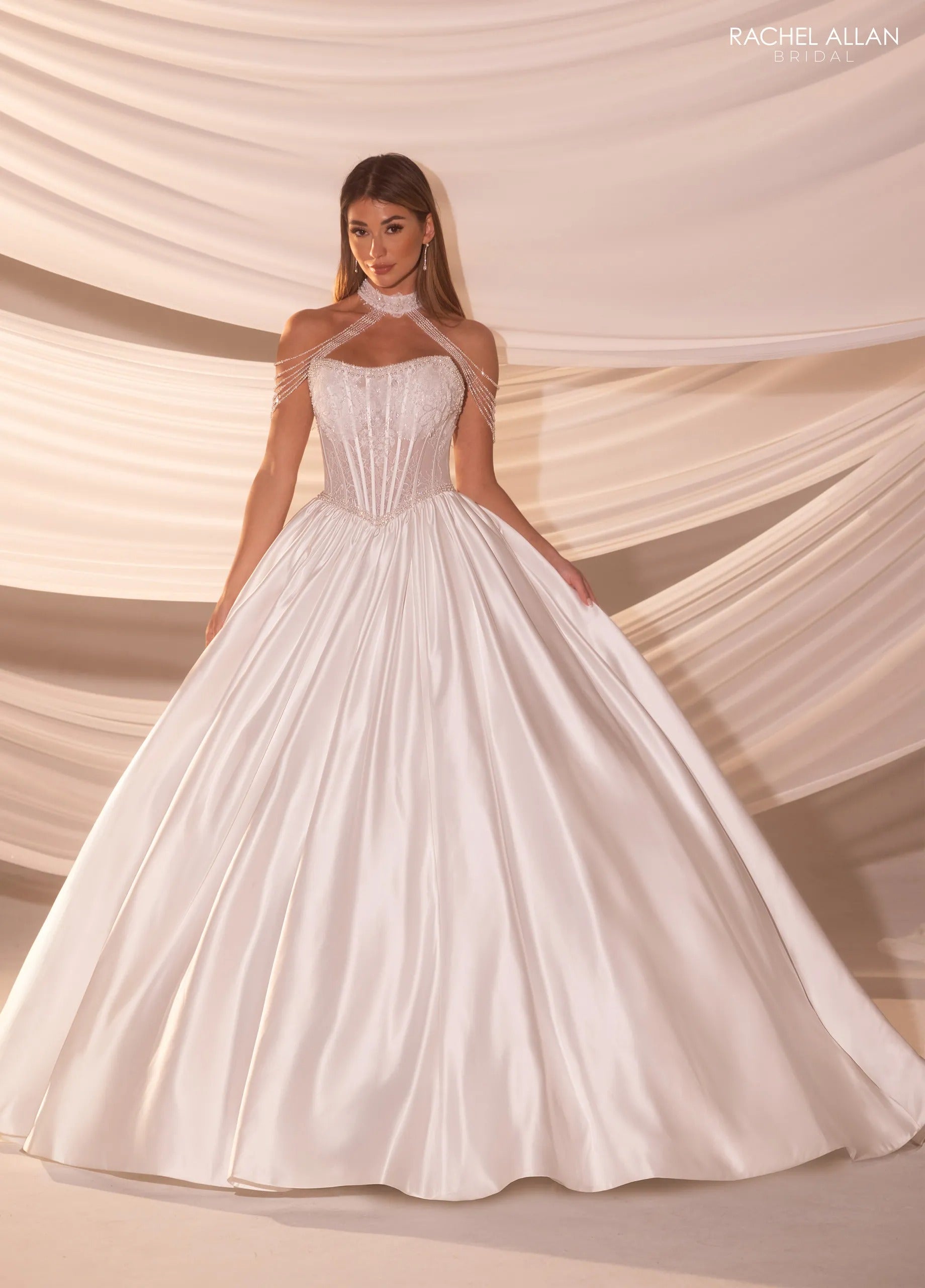 Ivory Square Neck Floor-Length Shimmer Tulle Bridal Ball Gown with Tiered Ruffle Skirt Rachel Allan RB6183