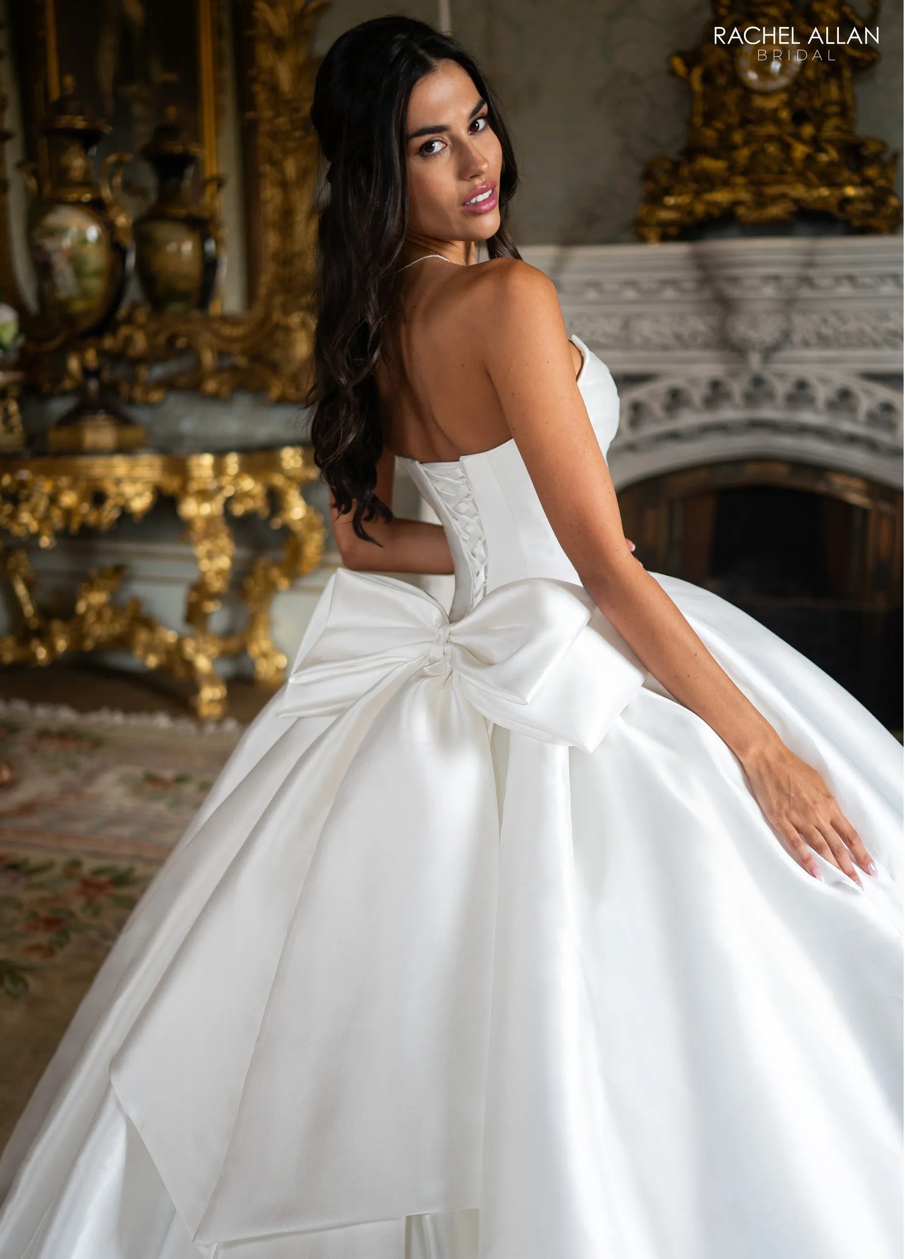 Ivory Sweetheart Floor-Length Satin Wedding Dress Ball Gown with Bow Rachel Allan RB6190