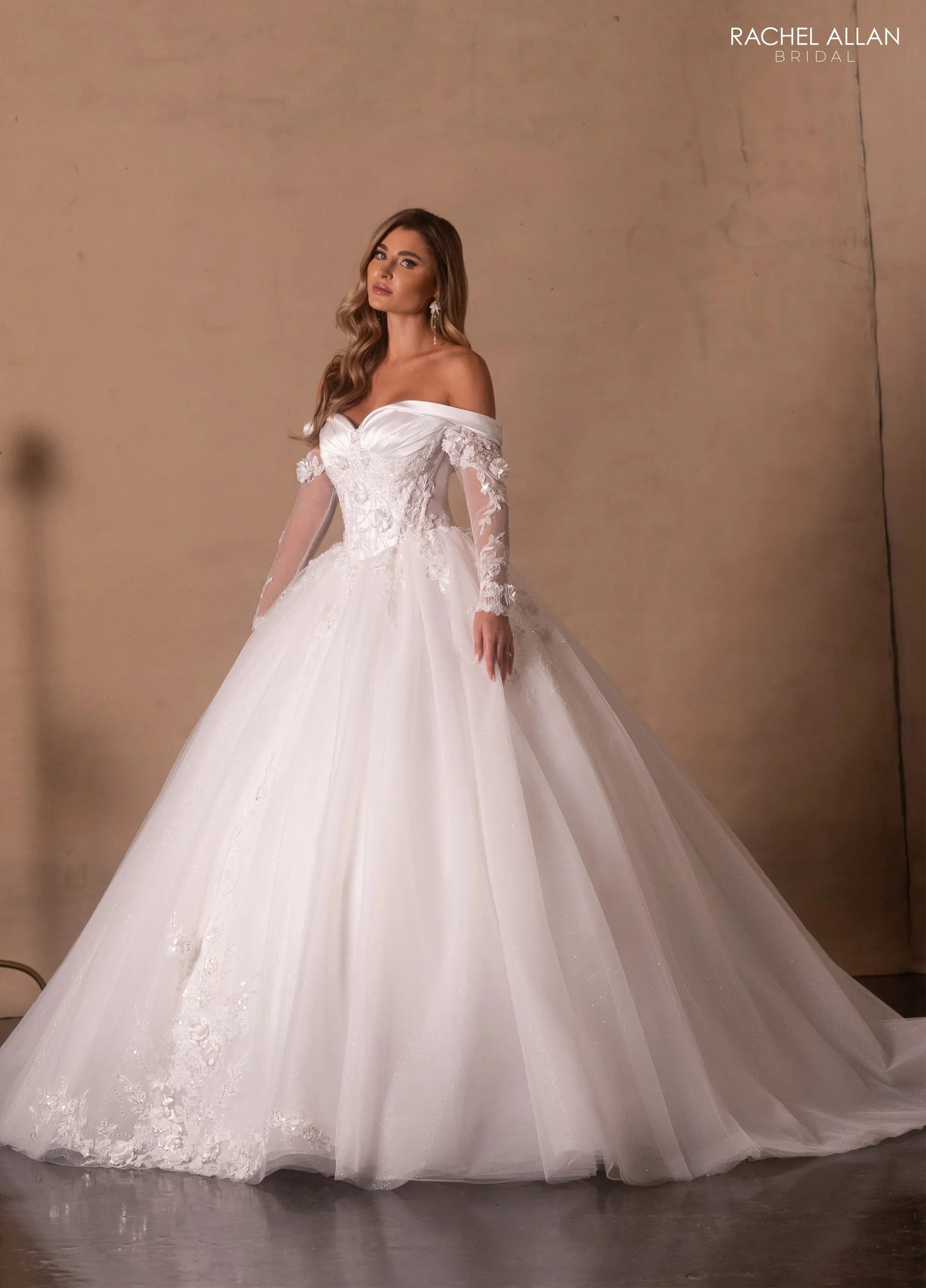 Ivory Off-the-Shoulder Floor-Length Shimmer Tulle Bridal Ball Gown with Long Lace Sleeves Rachel Allan RB6180