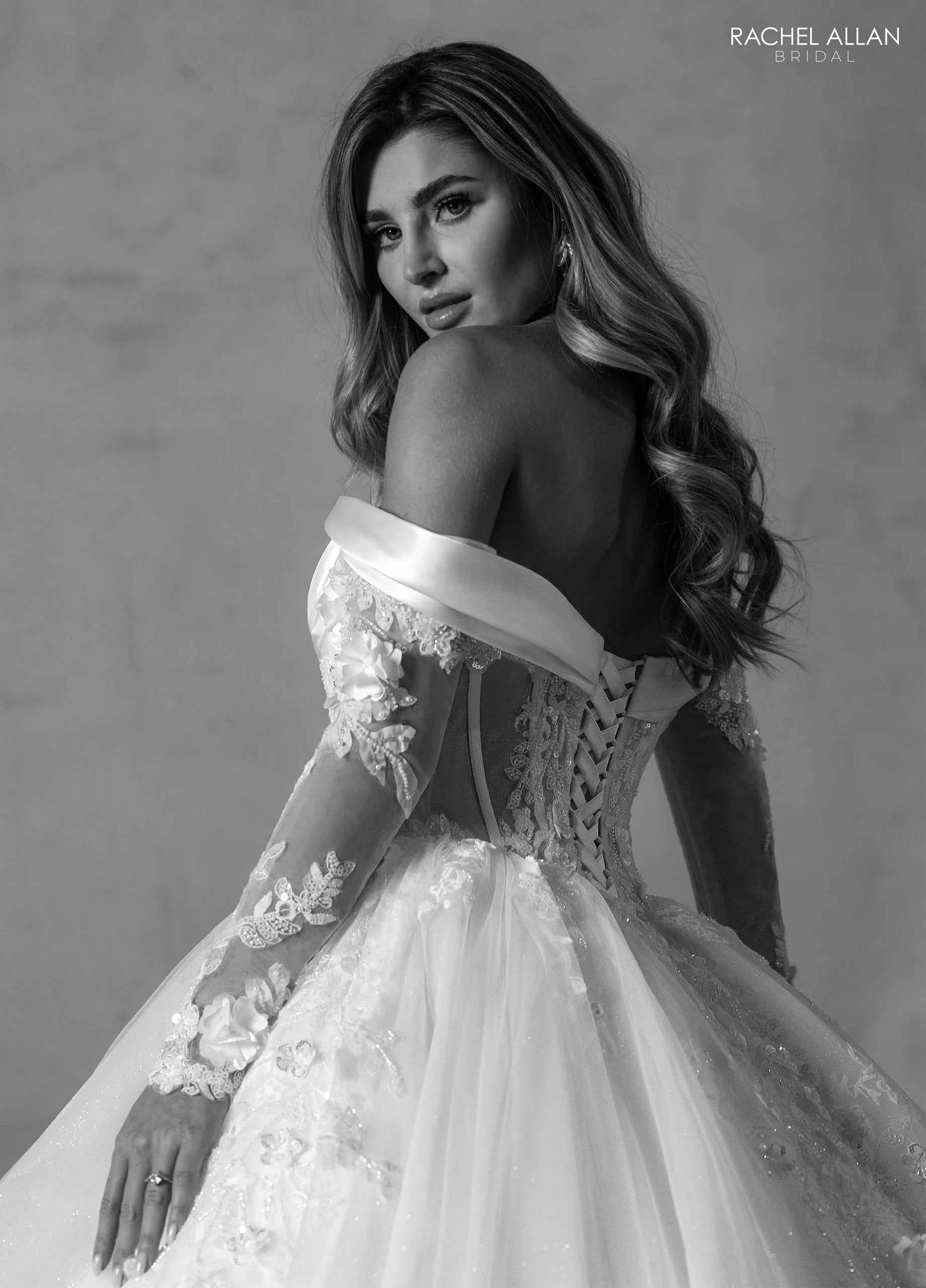 Ivory Off-the-Shoulder Floor-Length Shimmer Tulle Bridal Ball Gown with Long Lace Sleeves Rachel Allan RB6180