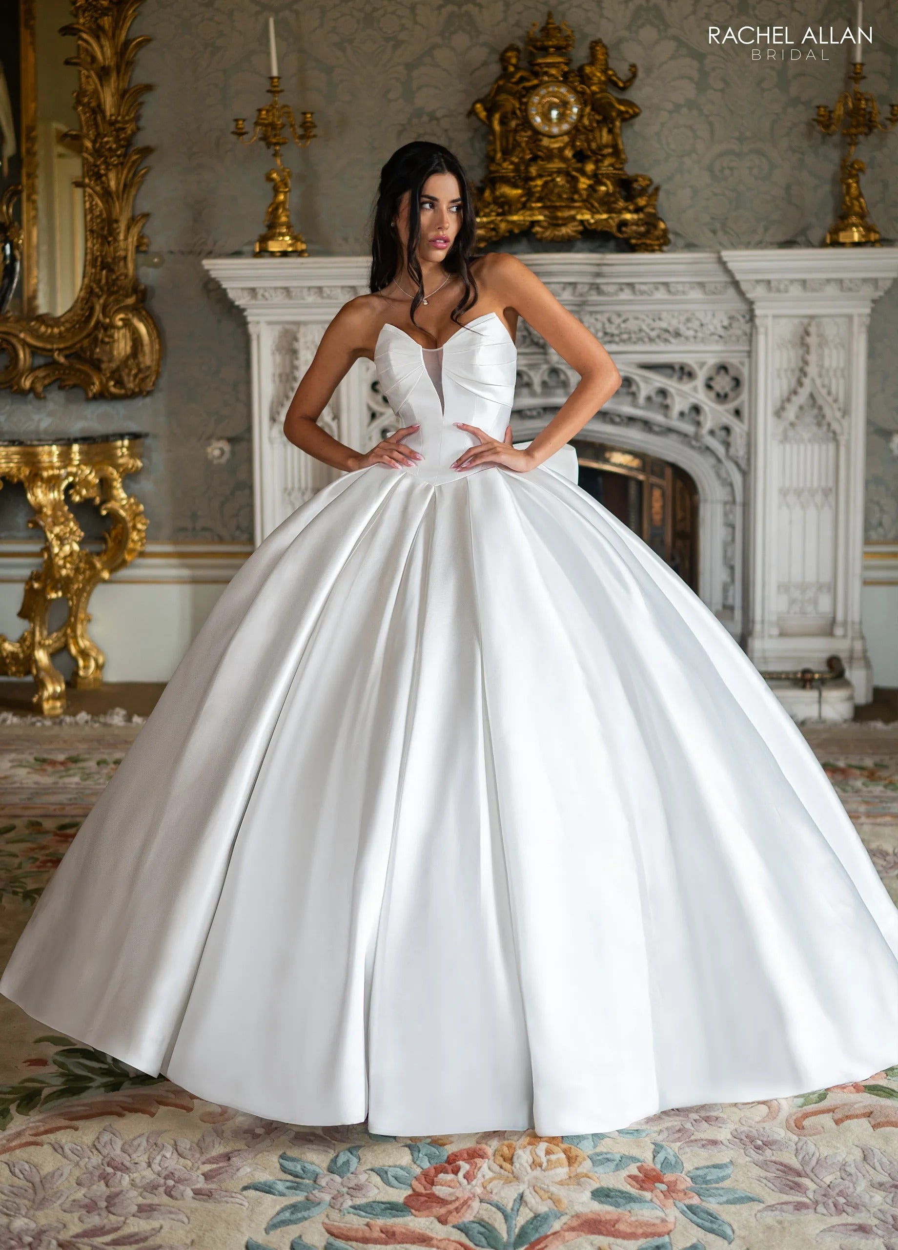 Ivory Sweetheart Floor-Length Satin Wedding Dress Ball Gown with Bow Rachel Allan RB6190