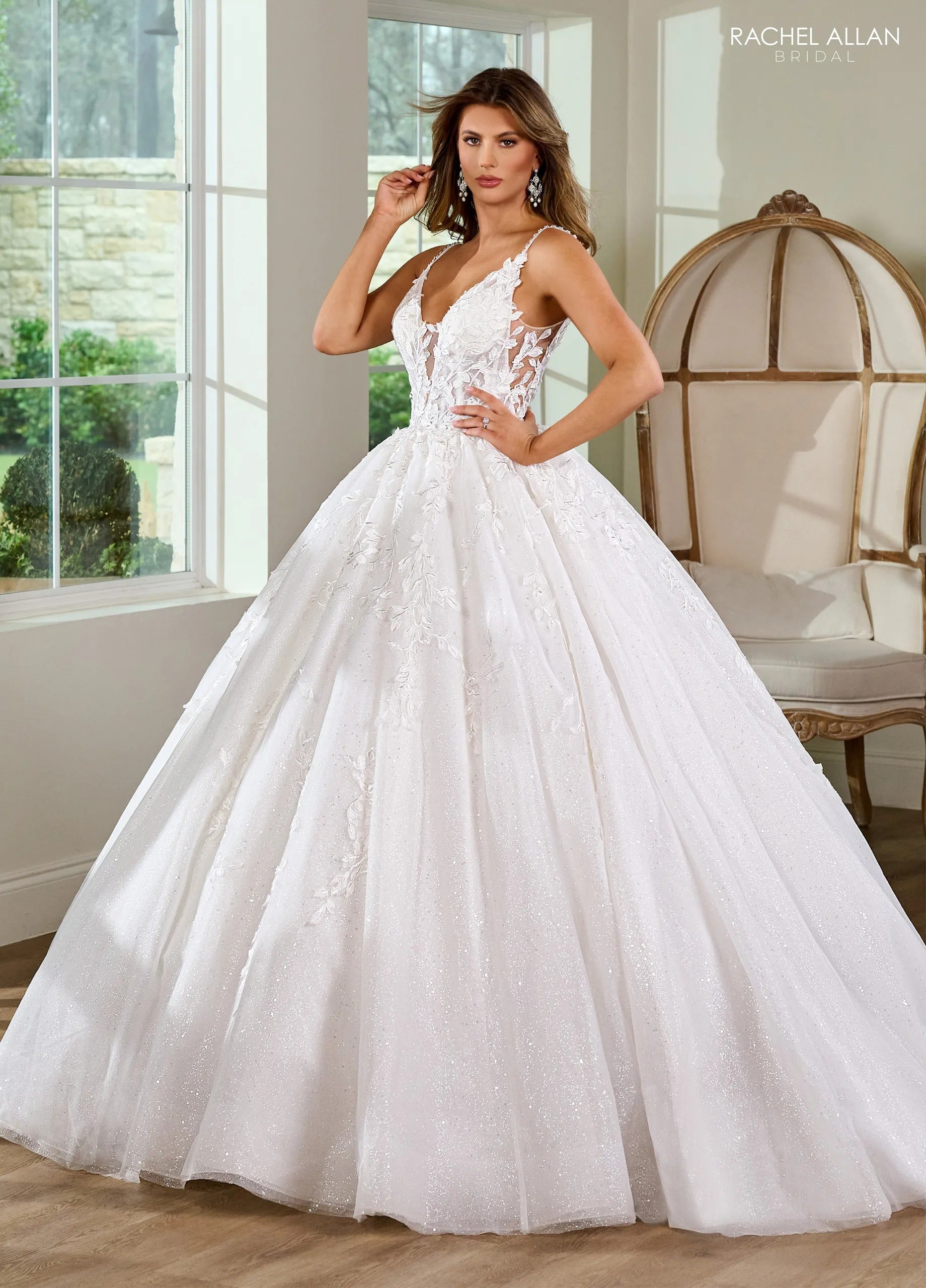 Ivory Nude V-Neck Floor-Length Glitter Tulle and Lace Bridal Ball Gown with Sheer Side Panels Rachel Allan RB6151