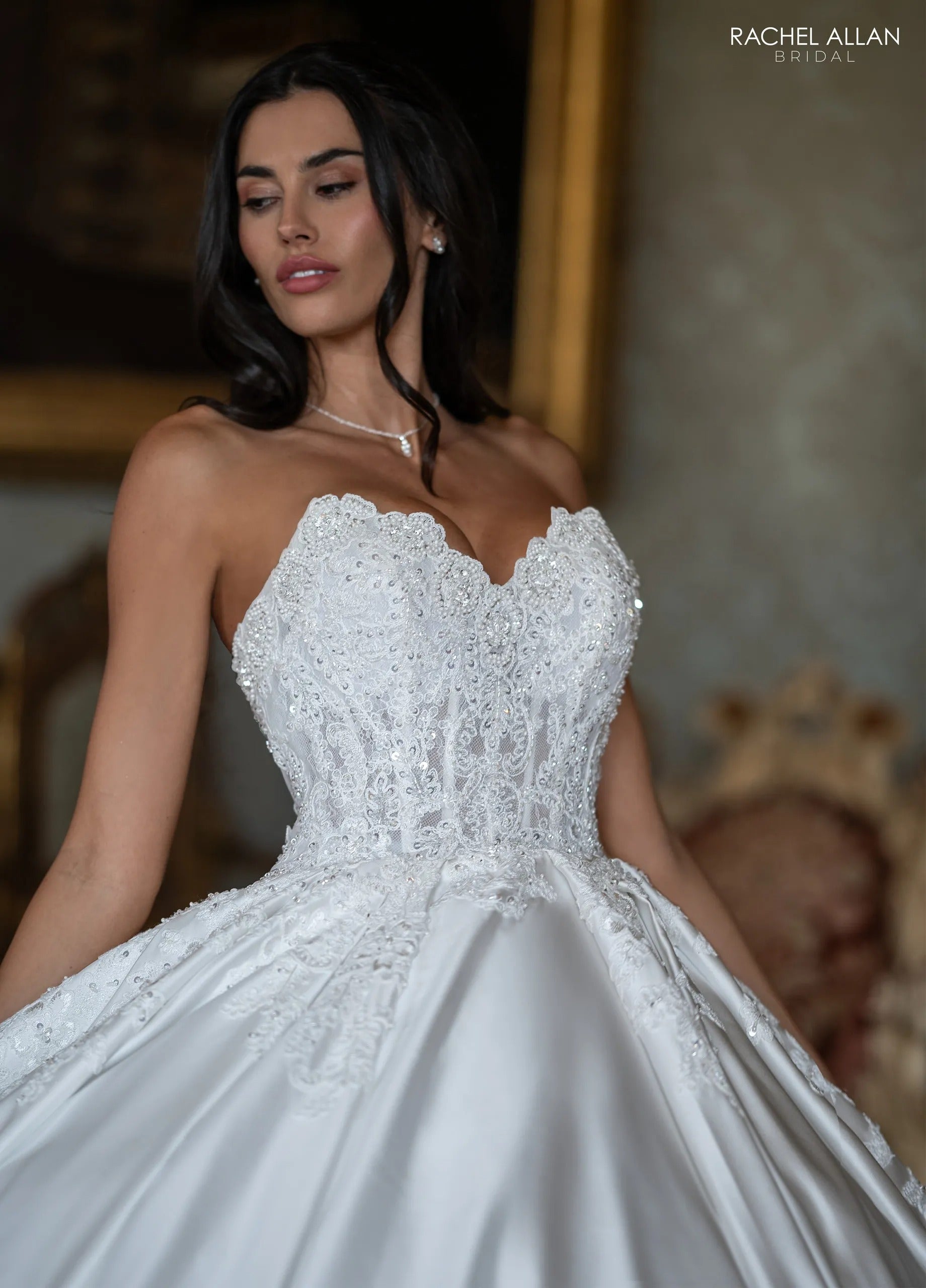 Ivory Sweetheart Floor-Length Mikado Wedding Dress Ball Gown with Lace Bodice Rachel Allan RB6195