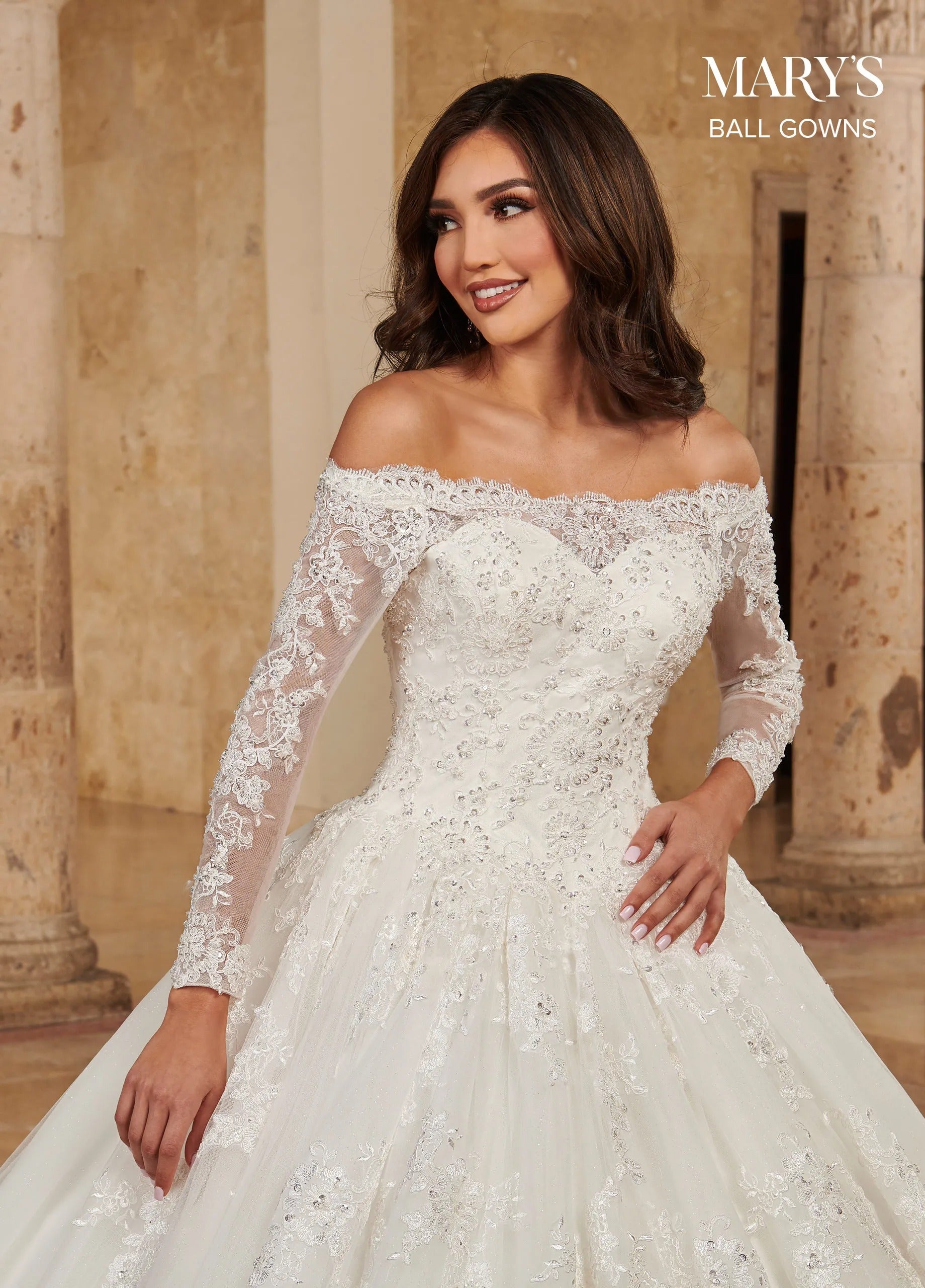 Ivory Off-the-Shoulder Floor-Length Shimmer Tulle Wedding Dress with Illusion Sleeves Rachel Allan MB6089 Rachel Allan MB6089