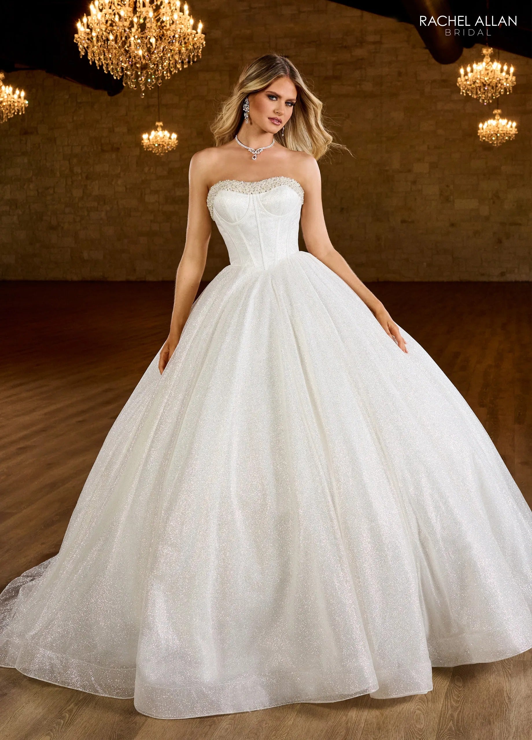 Ivory Sweetheart Floor-Length Glitter Tulle Bridal Ball Gown with Beaded Corset Rachel Allan RB6149