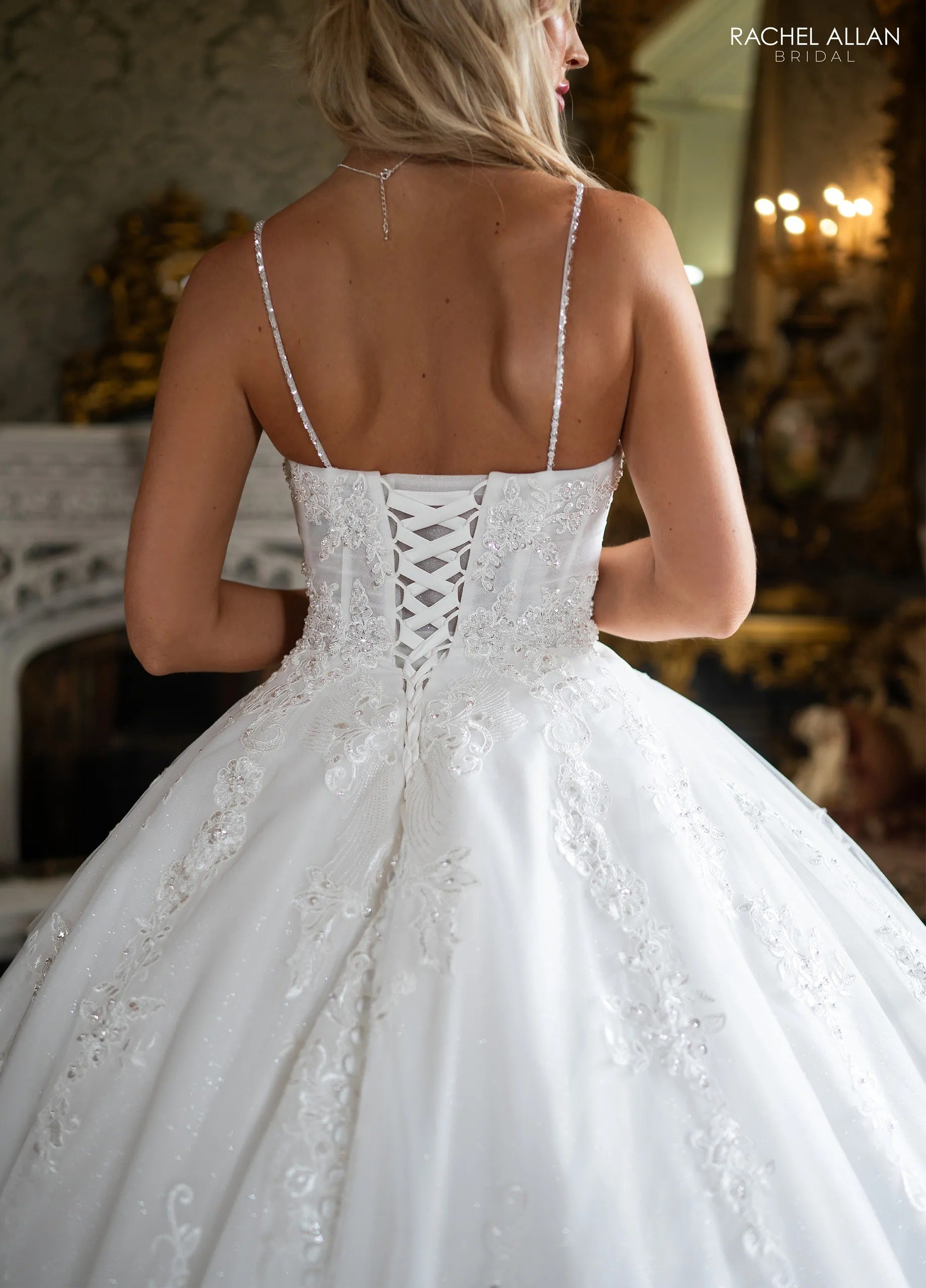Ivory V-Neck Floor-Length Tulle Wedding Dress Ball Gown with Lace Embroidery Rachel Allan RB6196
