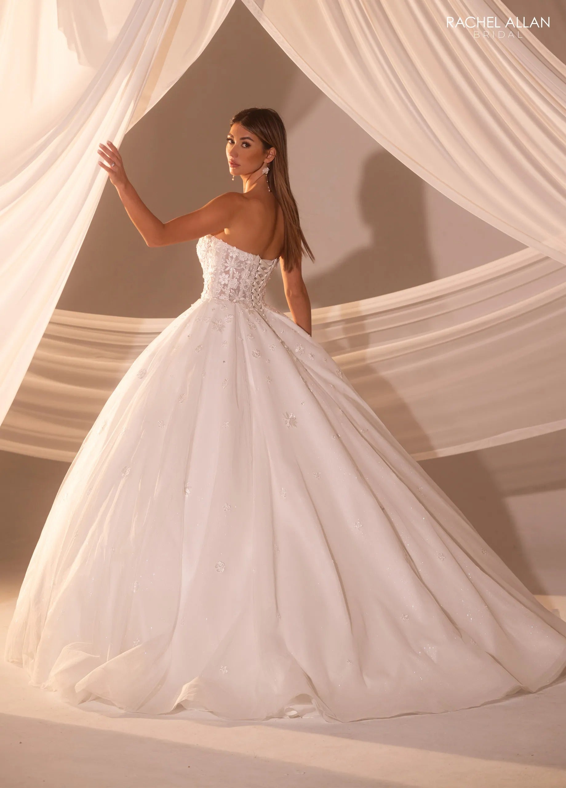 Ivory Strapless Floor-Length Tulle Bridal Ball Gown with Floral Lace Appliqué Rachel Allan RB6178