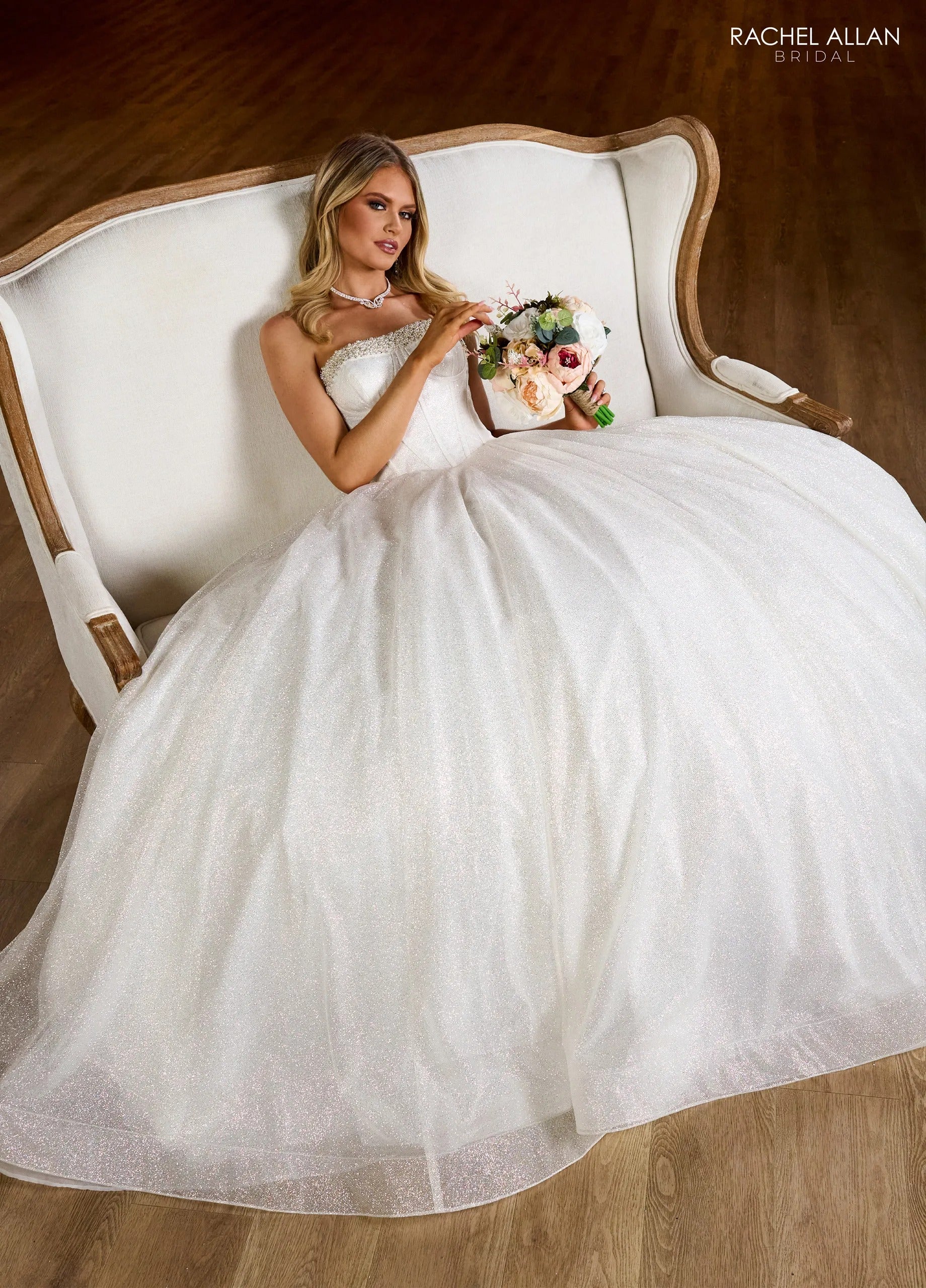 Ivory Sweetheart Floor-Length Glitter Tulle Bridal Ball Gown with Beaded Corset Rachel Allan RB6149