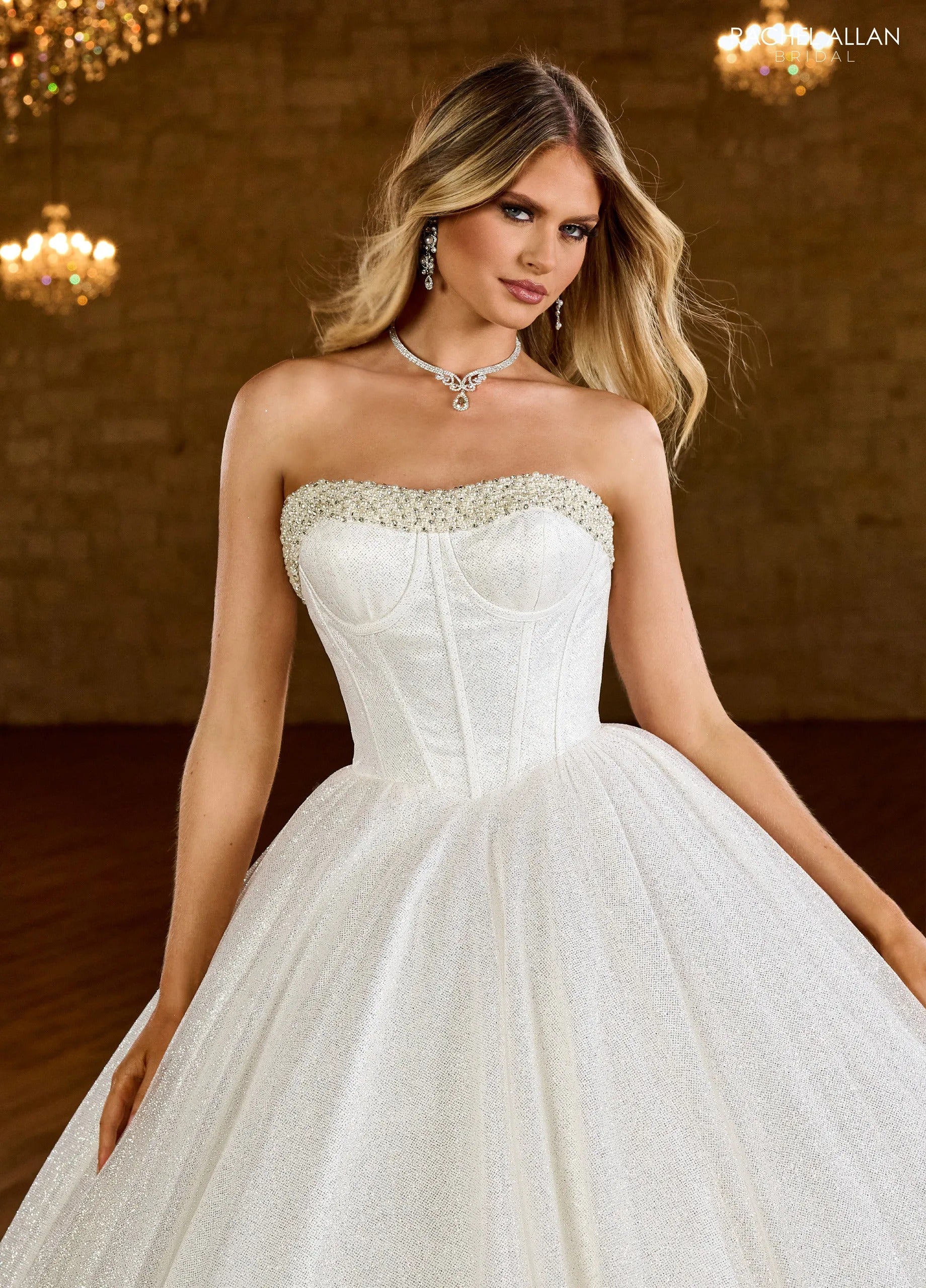 Ivory Sweetheart Floor-Length Glitter Tulle Bridal Ball Gown with Beaded Corset Rachel Allan RB6149