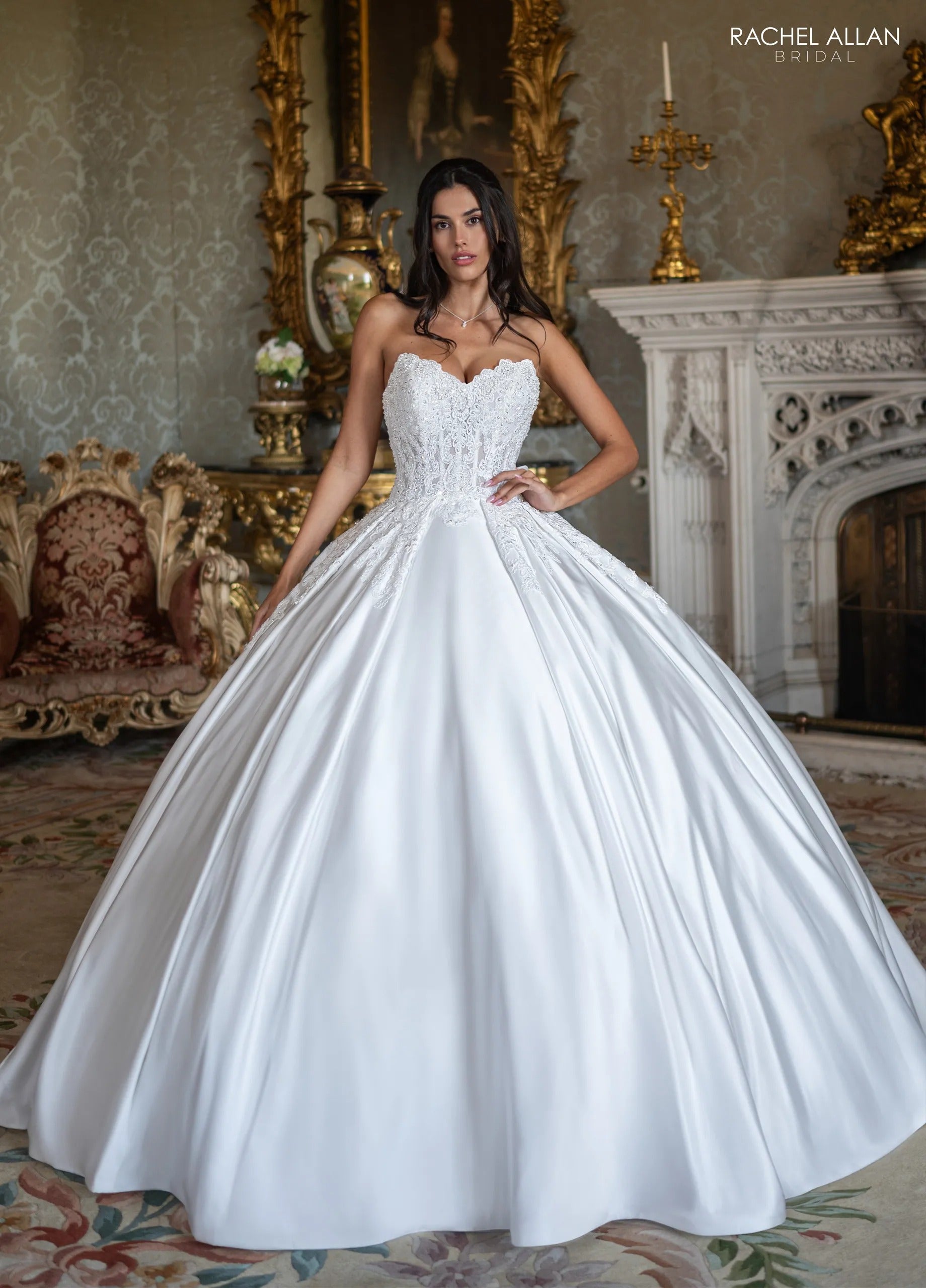 Ivory Sweetheart Floor-Length Mikado Wedding Dress Ball Gown with Lace Bodice Rachel Allan RB6195