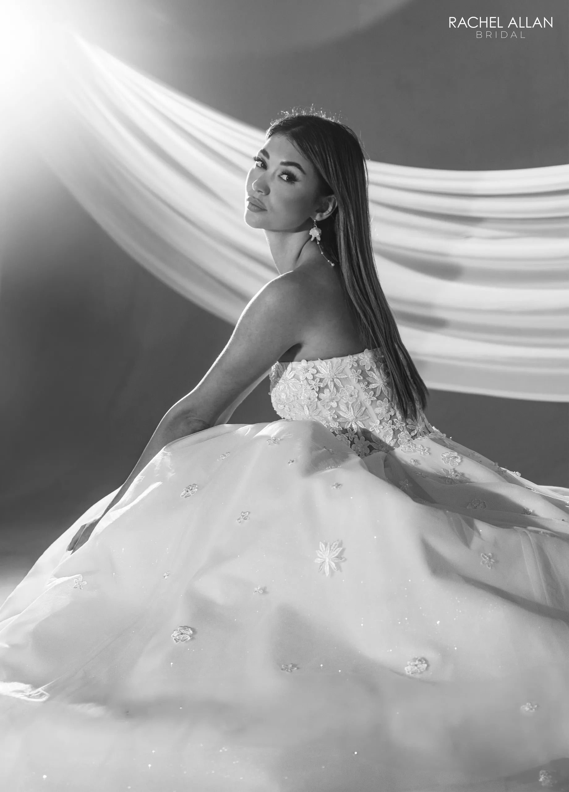 Ivory Strapless Floor-Length Tulle Bridal Ball Gown with Floral Lace Appliqué Rachel Allan RB6178