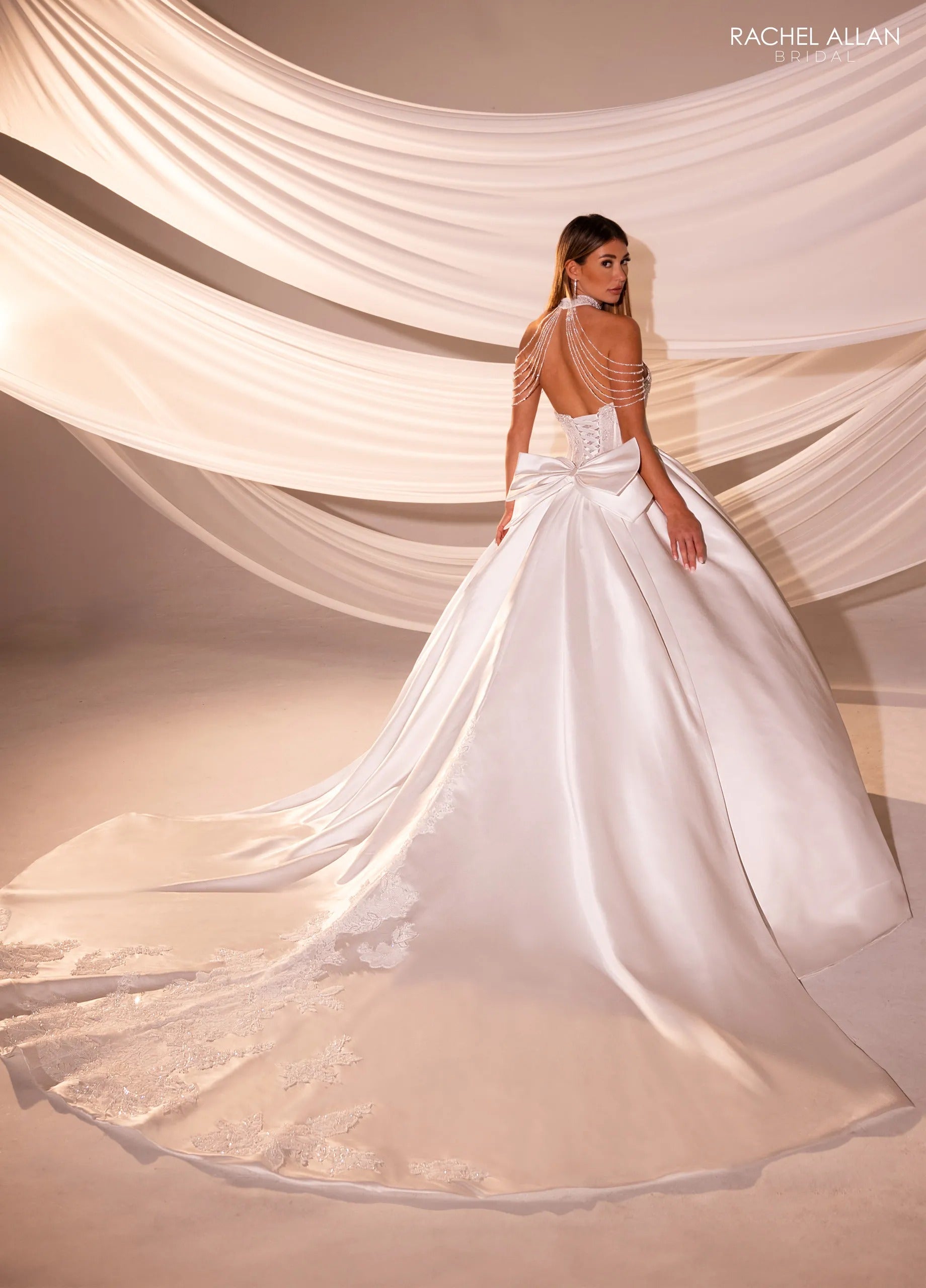 Ivory Square Neck Floor-Length Shimmer Tulle Bridal Ball Gown with Tiered Ruffle Skirt Rachel Allan RB6183