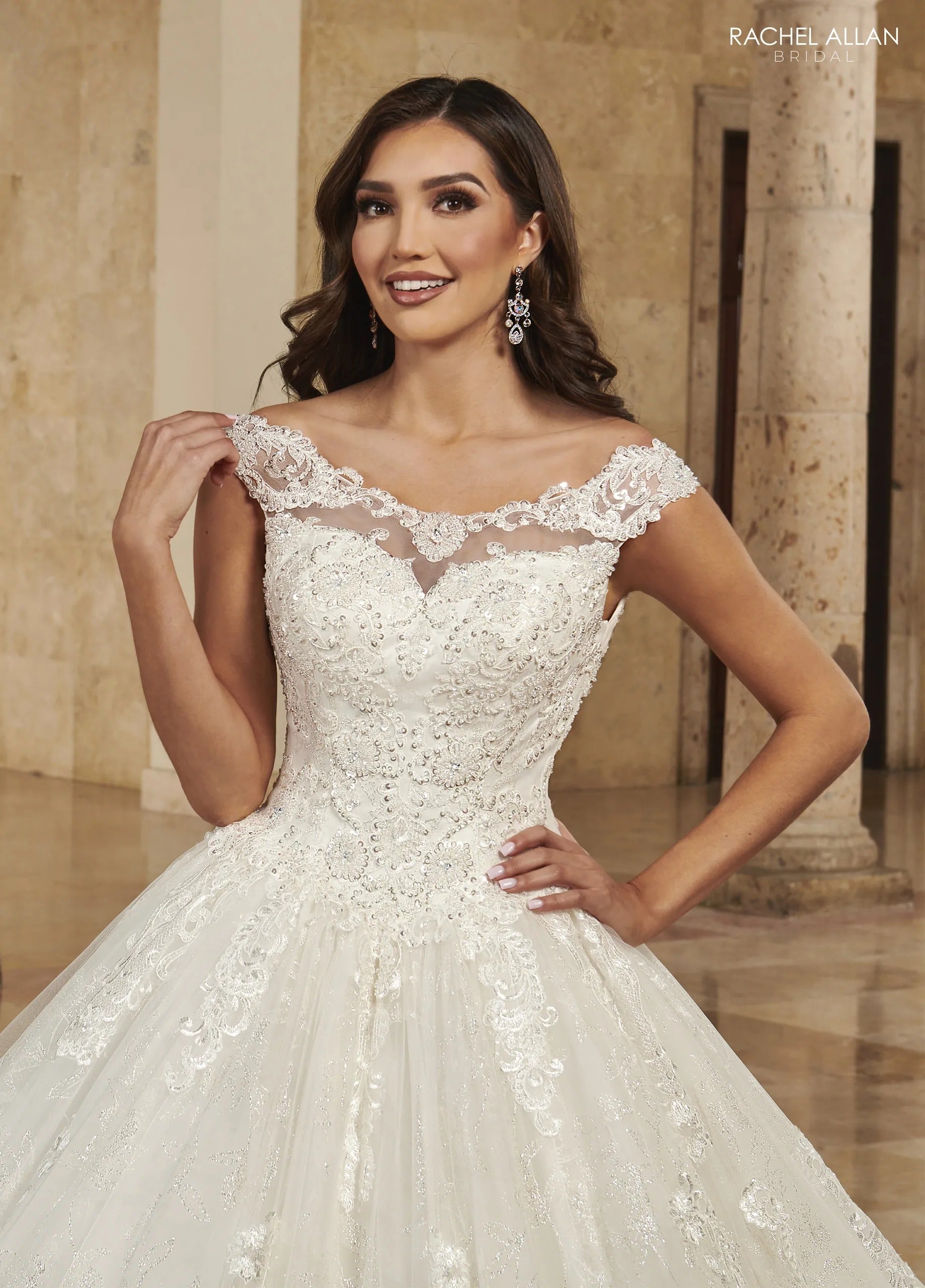 Ivory Boat Neck Floor-Length Shimmer Lace Wedding Ball Gown with Keyhole Back Rachel Allan MB6083 Rachel Allan MB6083