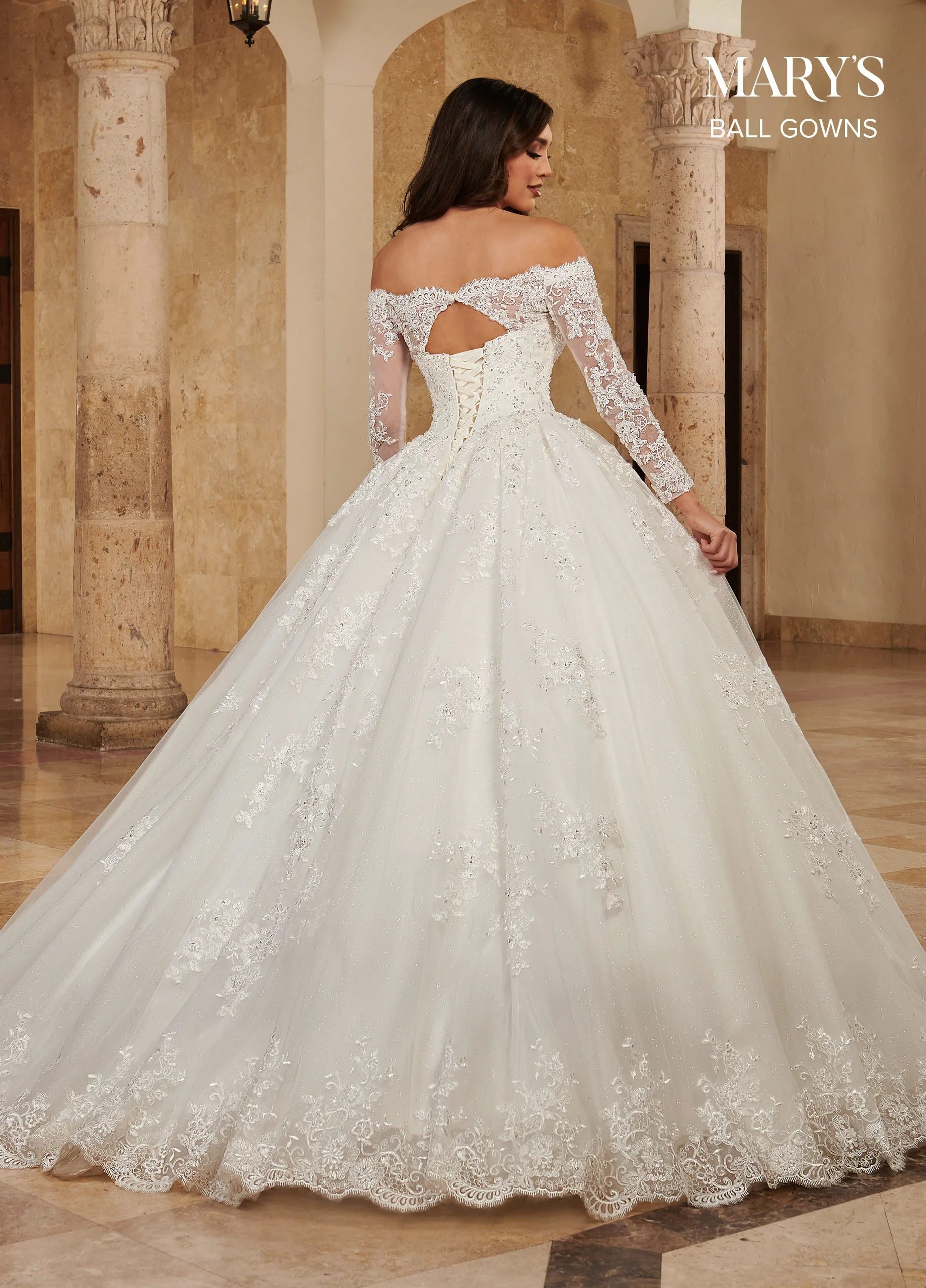 Ivory Off-the-Shoulder Floor-Length Shimmer Tulle Wedding Dress with Illusion Sleeves Rachel Allan MB6089 Rachel Allan MB6089