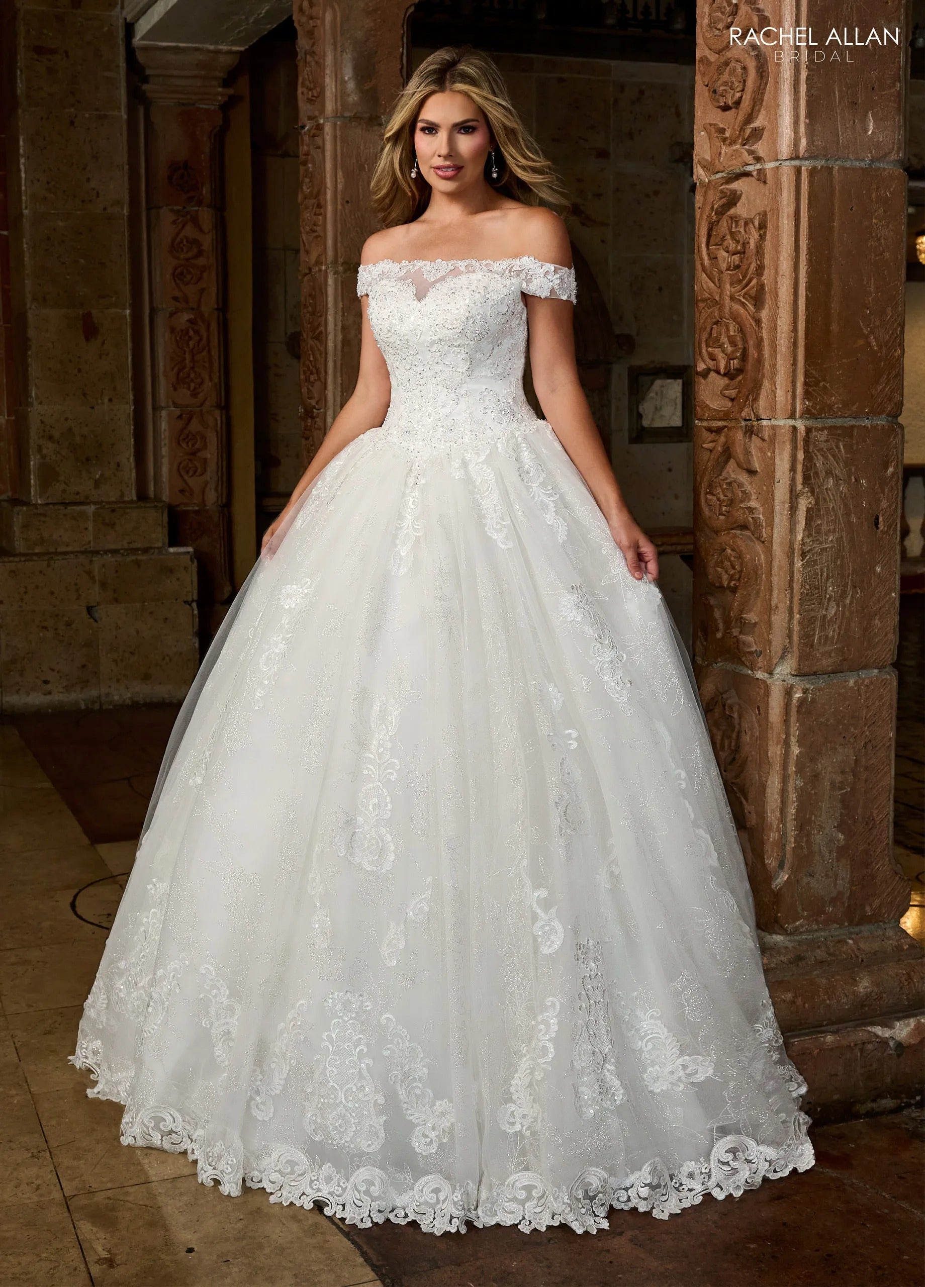 Ivory Boat Neck Floor-Length Shimmer Lace Wedding Ball Gown with Keyhole Back Rachel Allan MB6083 Rachel Allan MB6083