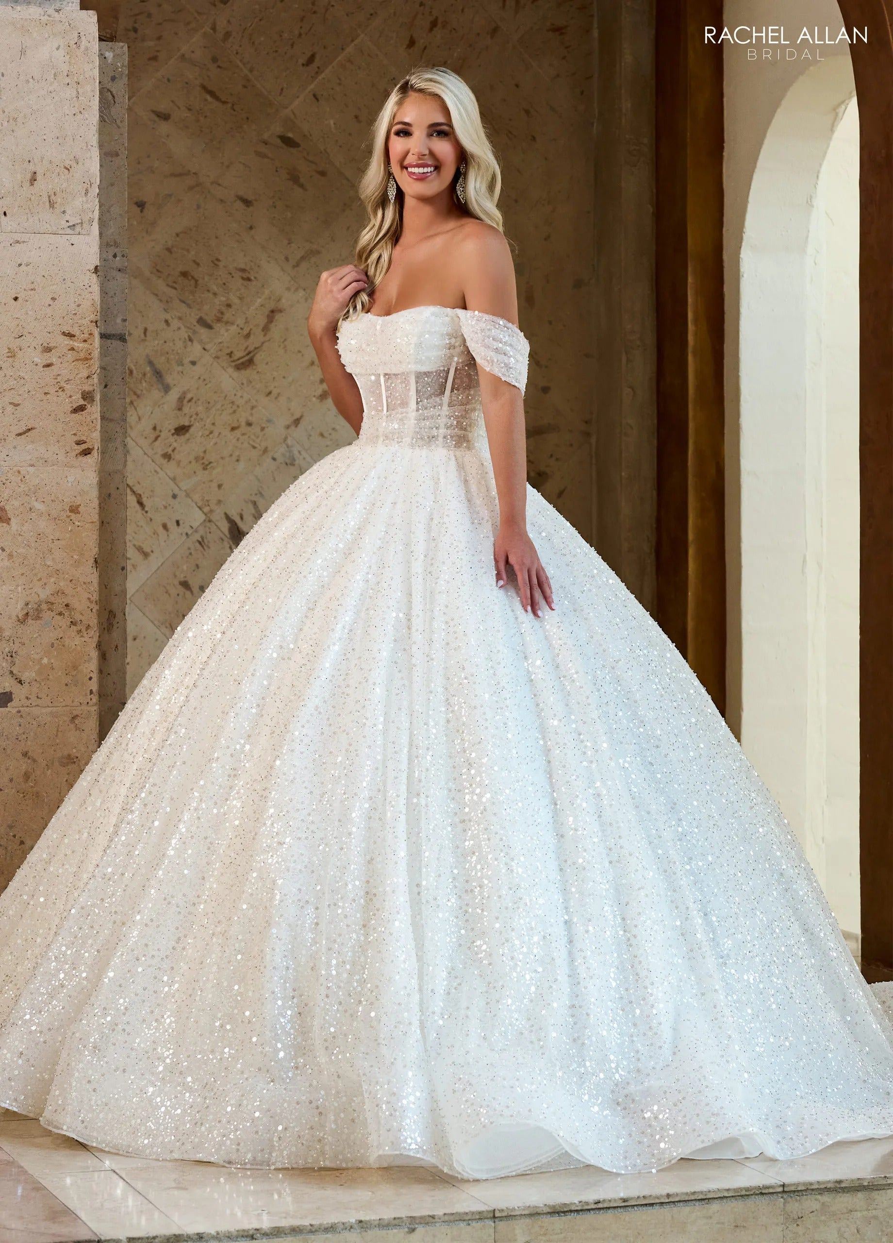 Ivory Off-the-Shoulder Floor-Length Sequin Bridal Ball Gown with Corset Back Rachel Allan RB6134
