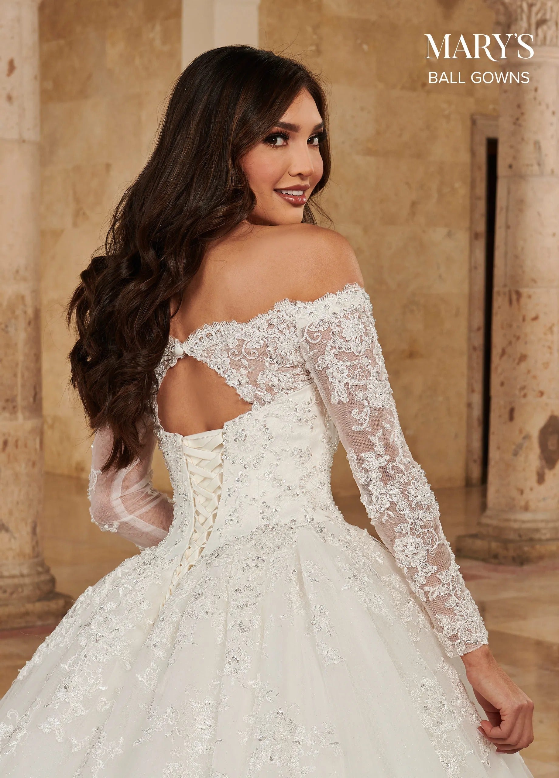 Ivory Off-the-Shoulder Floor-Length Shimmer Tulle Wedding Dress with Illusion Sleeves Rachel Allan MB6089 Rachel Allan MB6089