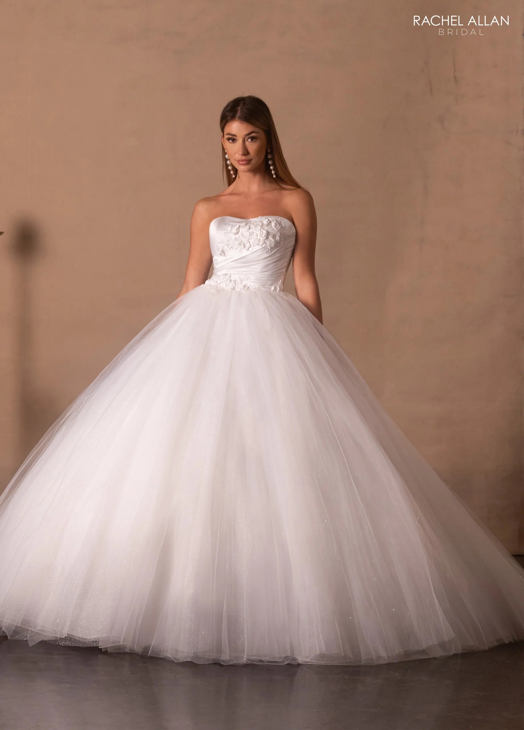Ivory Square Neck Floor-Length Shimmer Tulle Bridal Ball Gown with Bow Shoulder Straps Rachel Allan RB6182