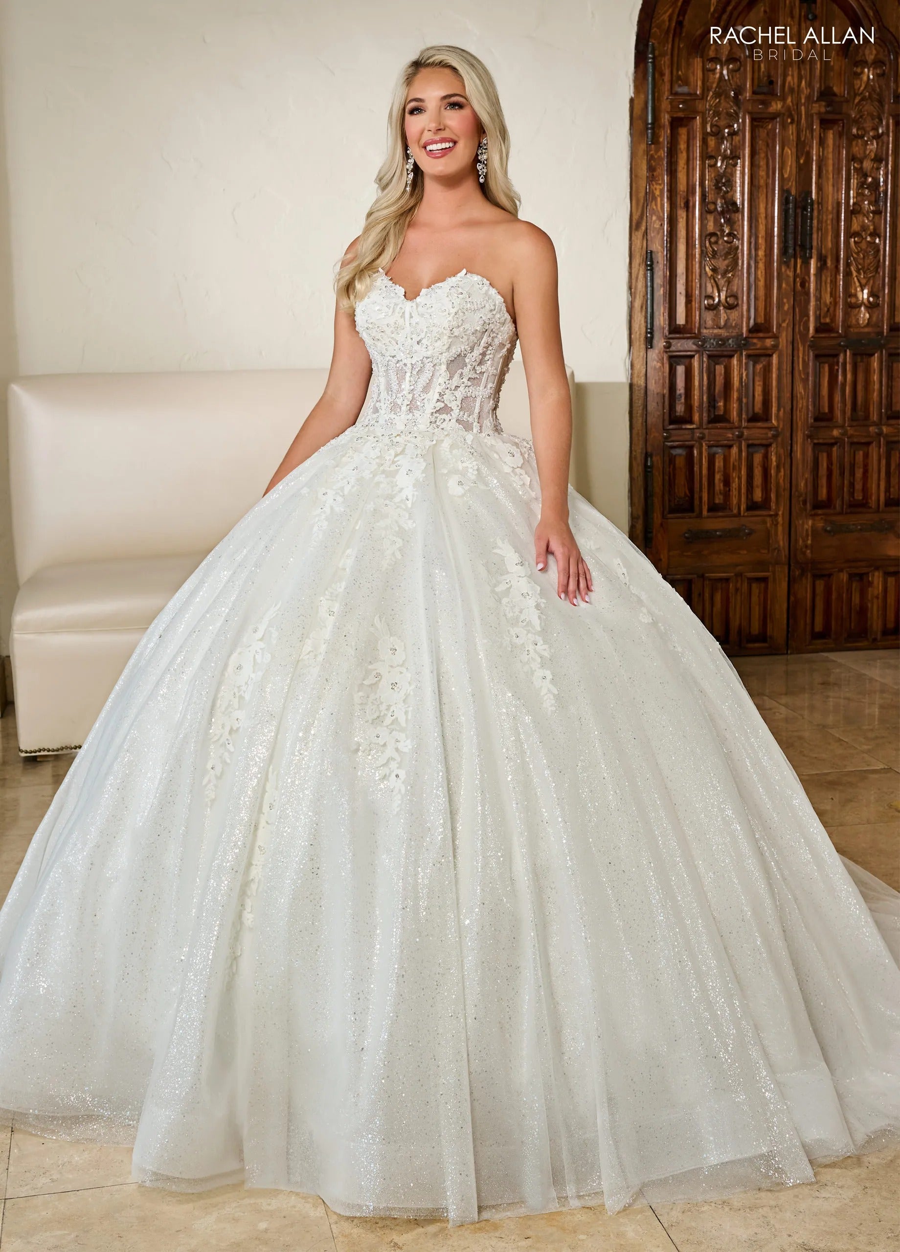 Ivory Sweetheart Floor-Length Glitter Tulle Bridal Ball Gown with Sheer Corset Rachel Allan RB6136