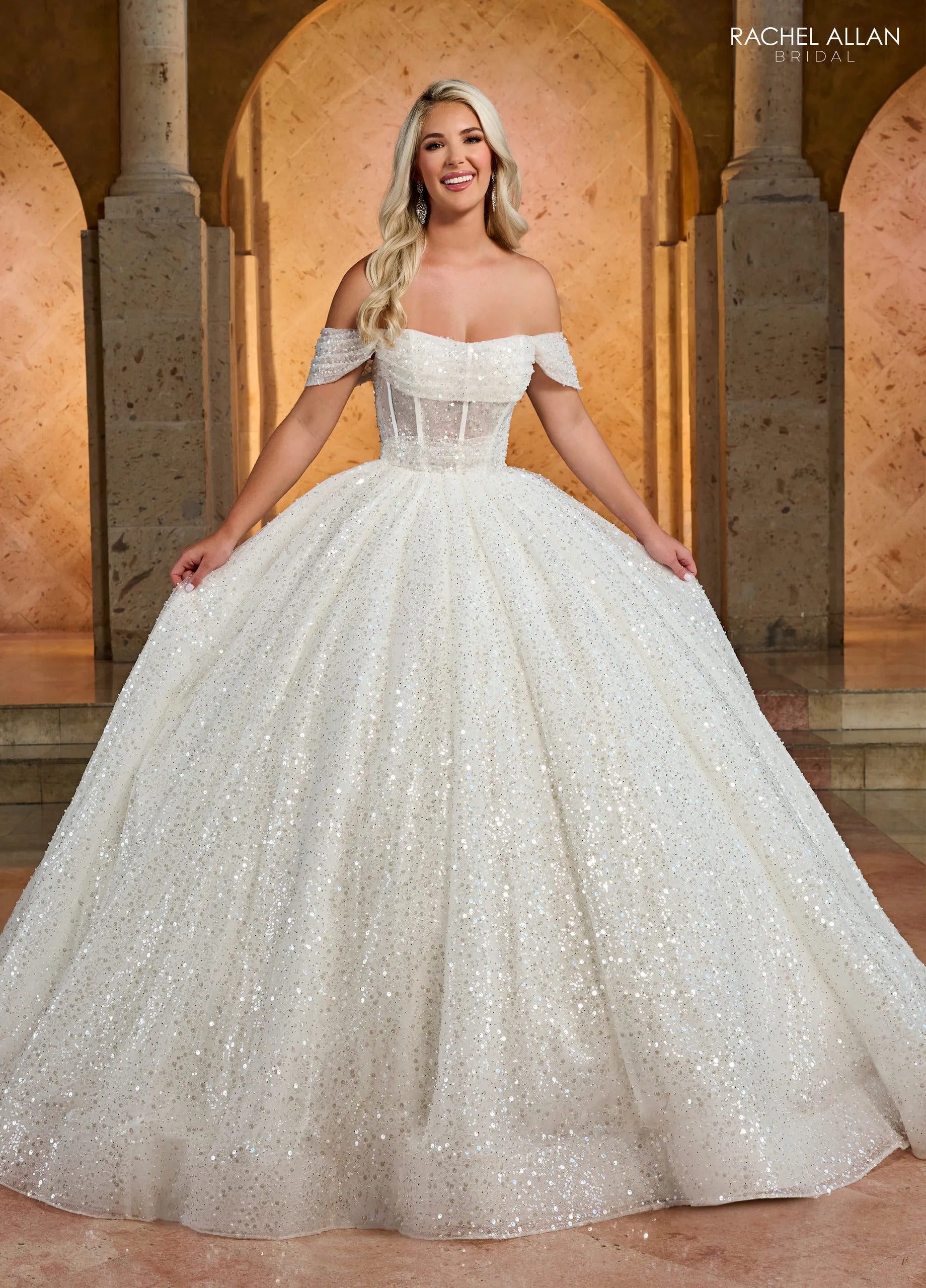 Ivory Off-the-Shoulder Floor-Length Sequin Bridal Ball Gown with Corset Back Rachel Allan RB6134