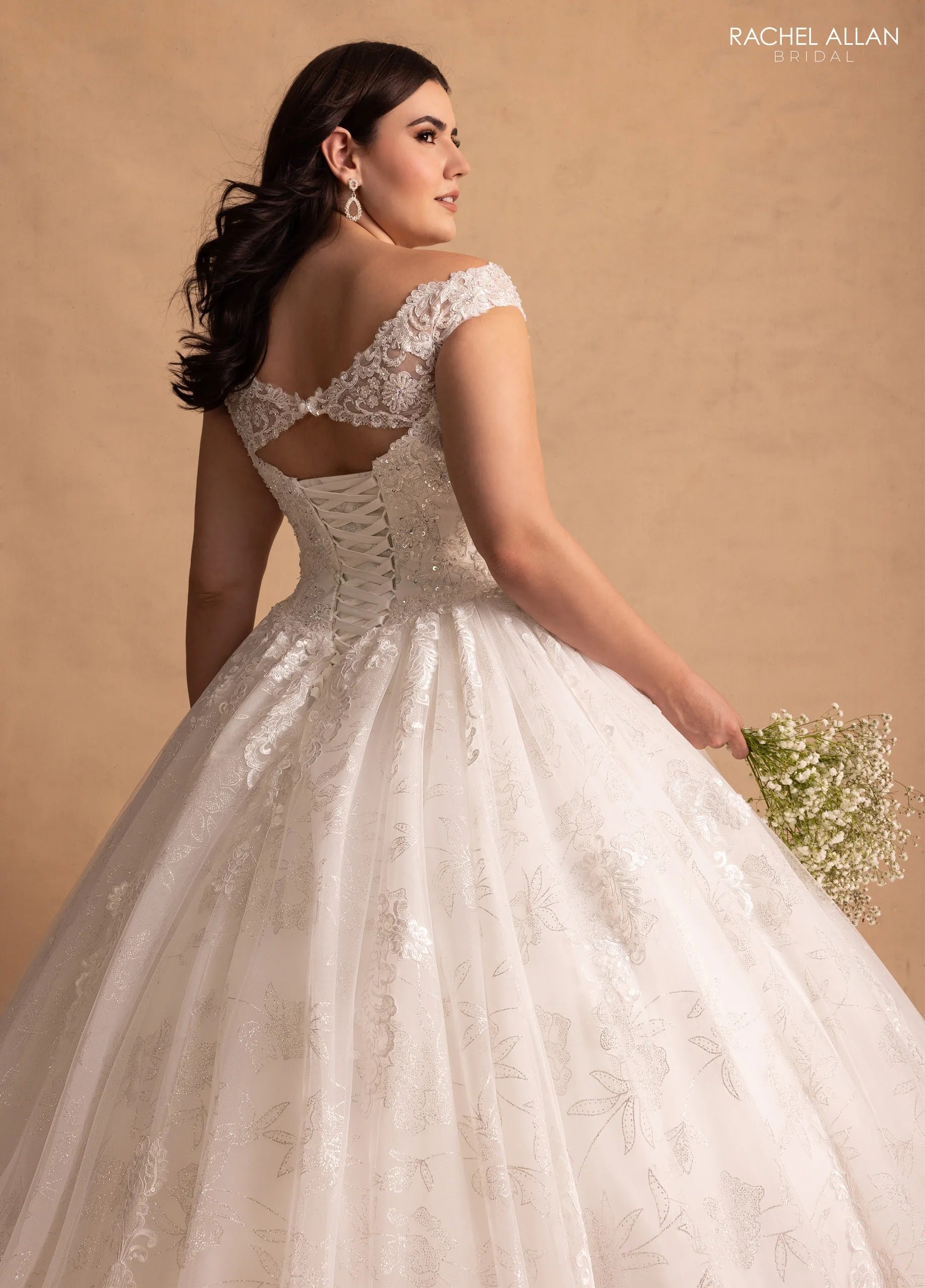 Ivory Boat Neck Floor-Length Shimmer Lace Wedding Ball Gown with Keyhole Back Rachel Allan MB6083 Rachel Allan MB6083