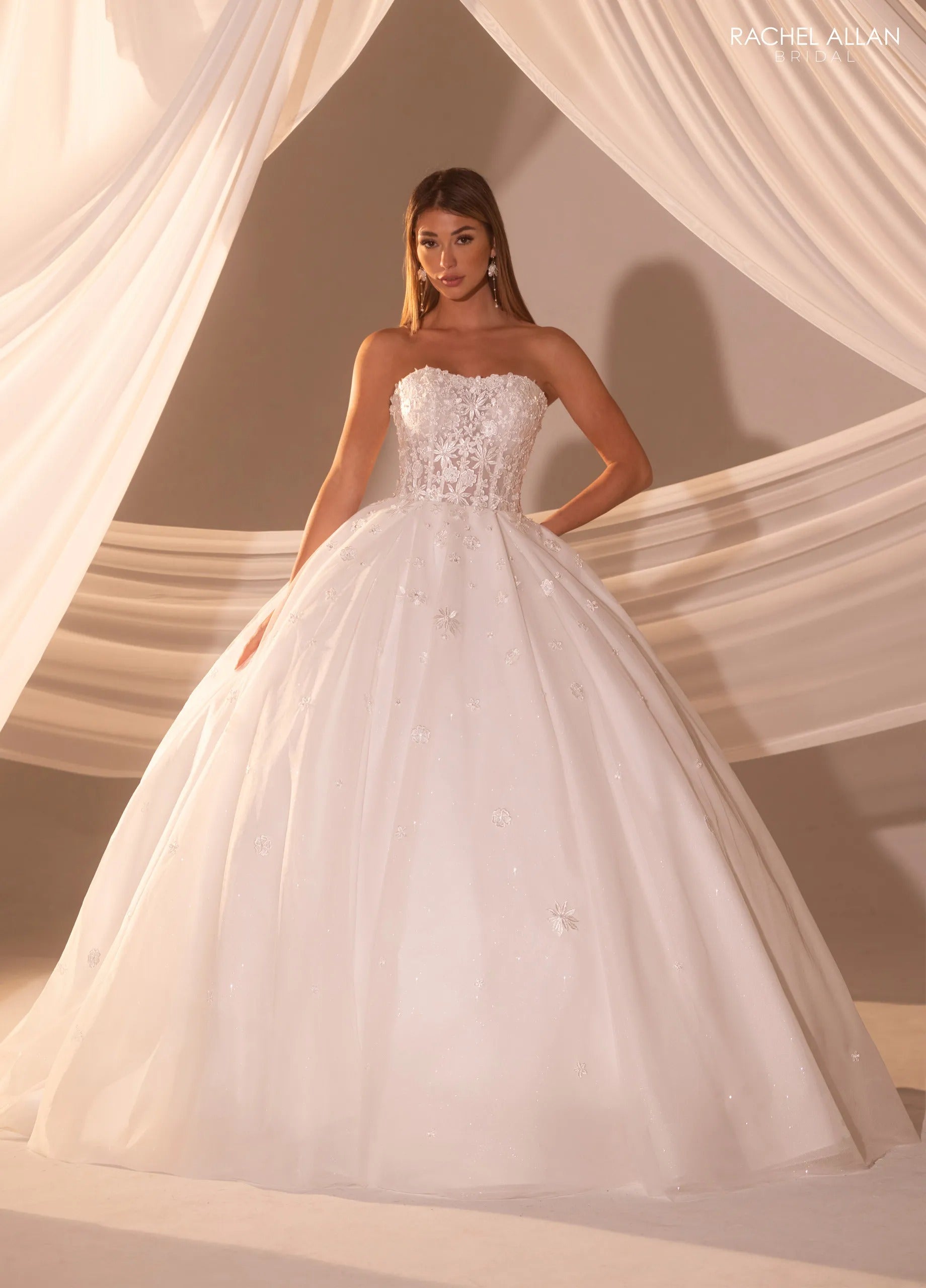 Ivory Strapless Floor-Length Tulle Bridal Ball Gown with Floral Lace Appliqué Rachel Allan RB6178