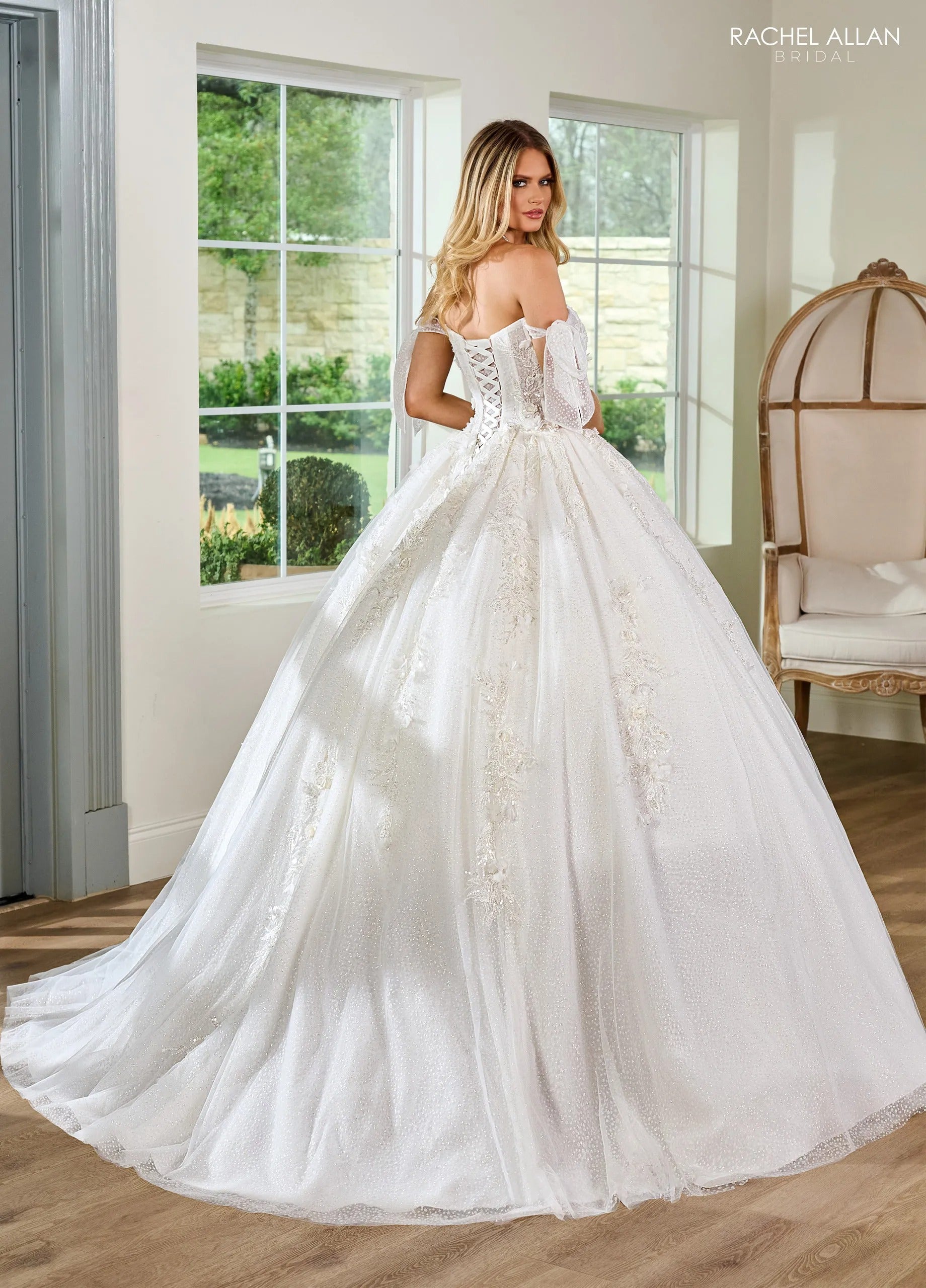 Ivory Sweetheart Floor-Length Glitter Tulle Bridal Ball Gown with Detachable Off-the-Shoulder Straps Rachel Allan RB6155