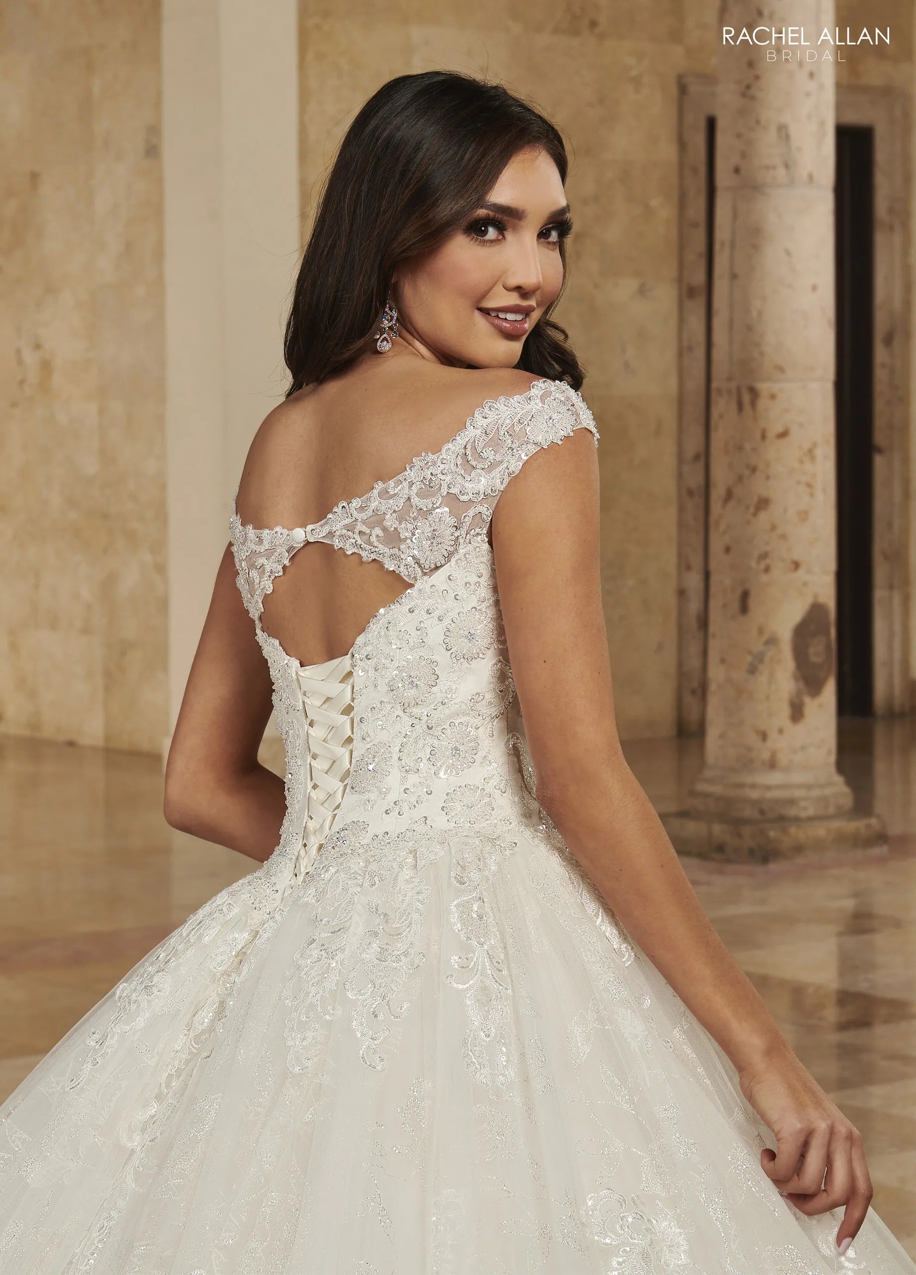 Ivory Boat Neck Floor-Length Shimmer Lace Wedding Ball Gown with Keyhole Back Rachel Allan MB6083 Rachel Allan MB6083
