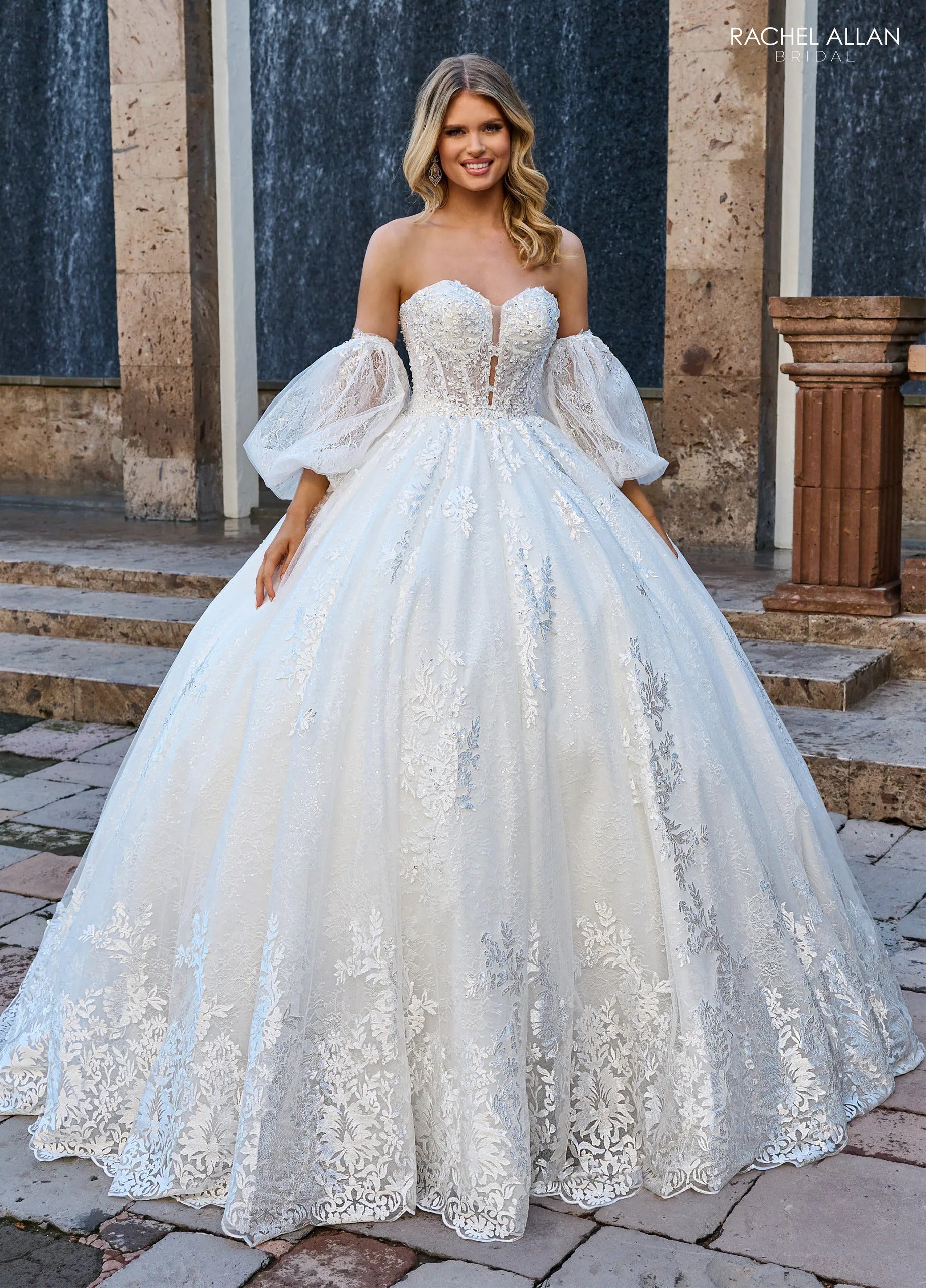 Ivory Nude Sweetheart Floor-Length Lace and Tulle Bridal Ball Gown with Detachable Bishop Sleeves Rachel Allan RB6154