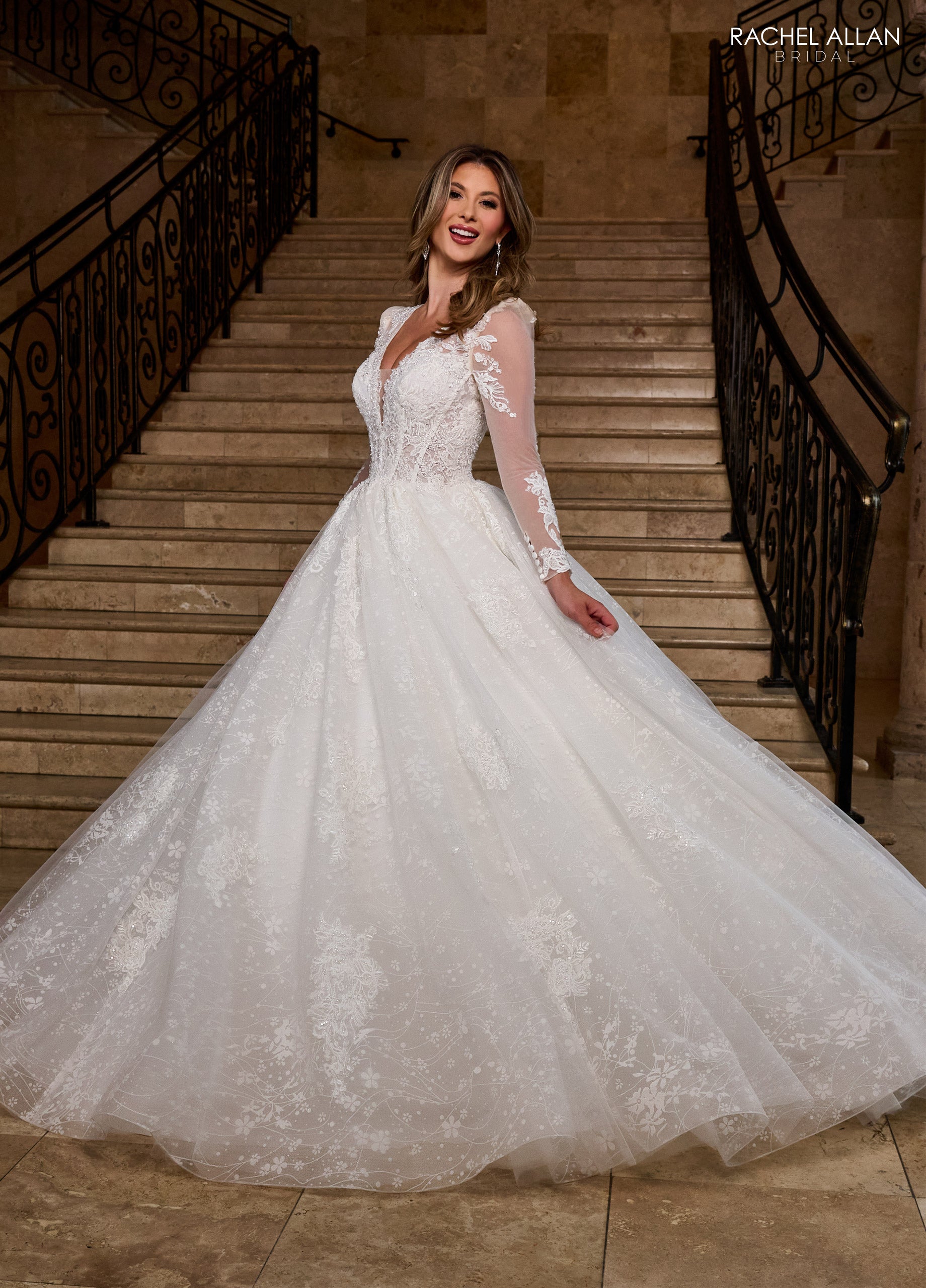 Rachel Allan RB6172 Long Glitter Beaded Lace Wedding Dress