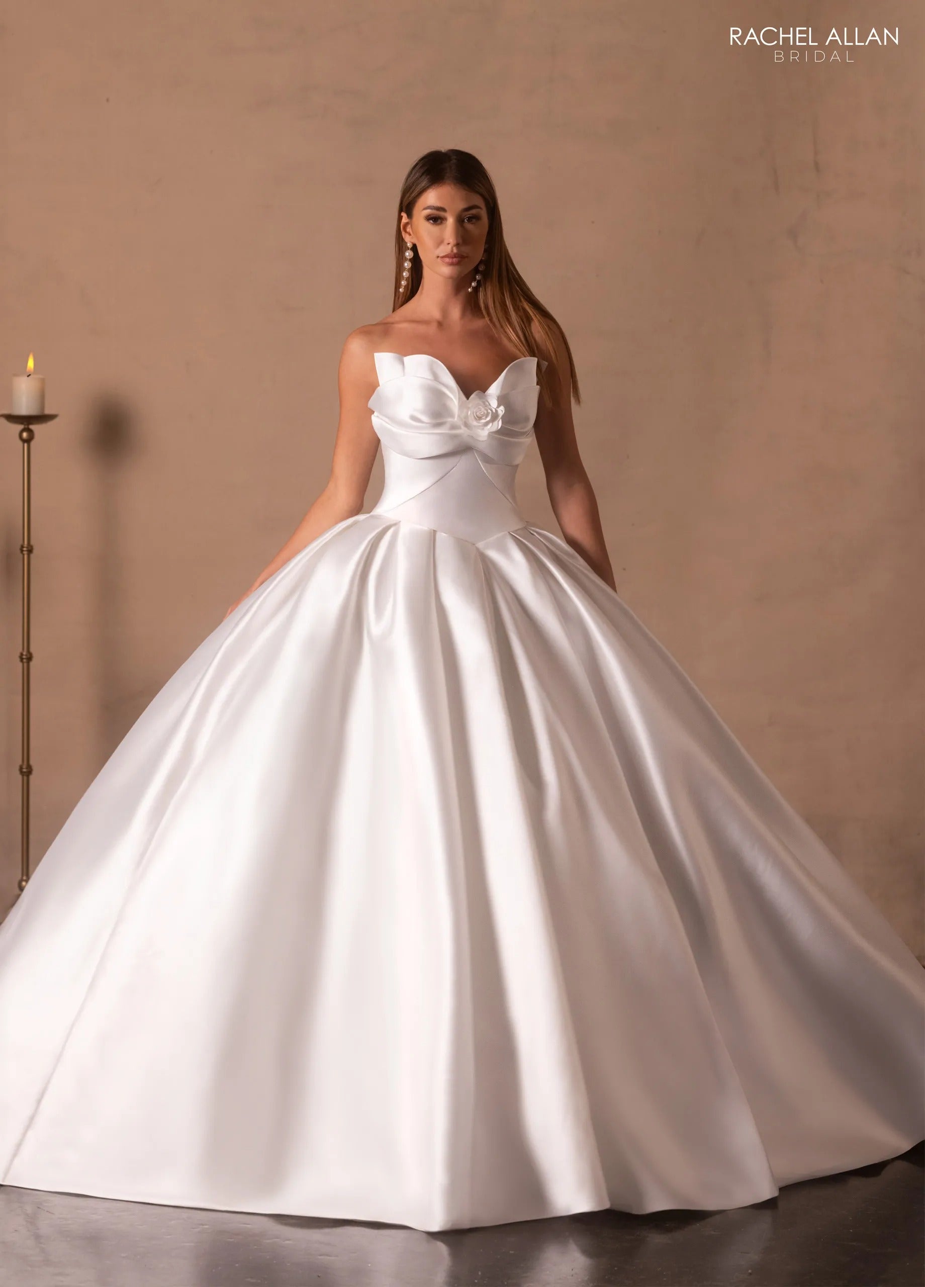 Ivory Strapless Floor-Length Satin Bridal Ball Gown with Bow Bodice and Floral Detail Rachel Allan RB6175