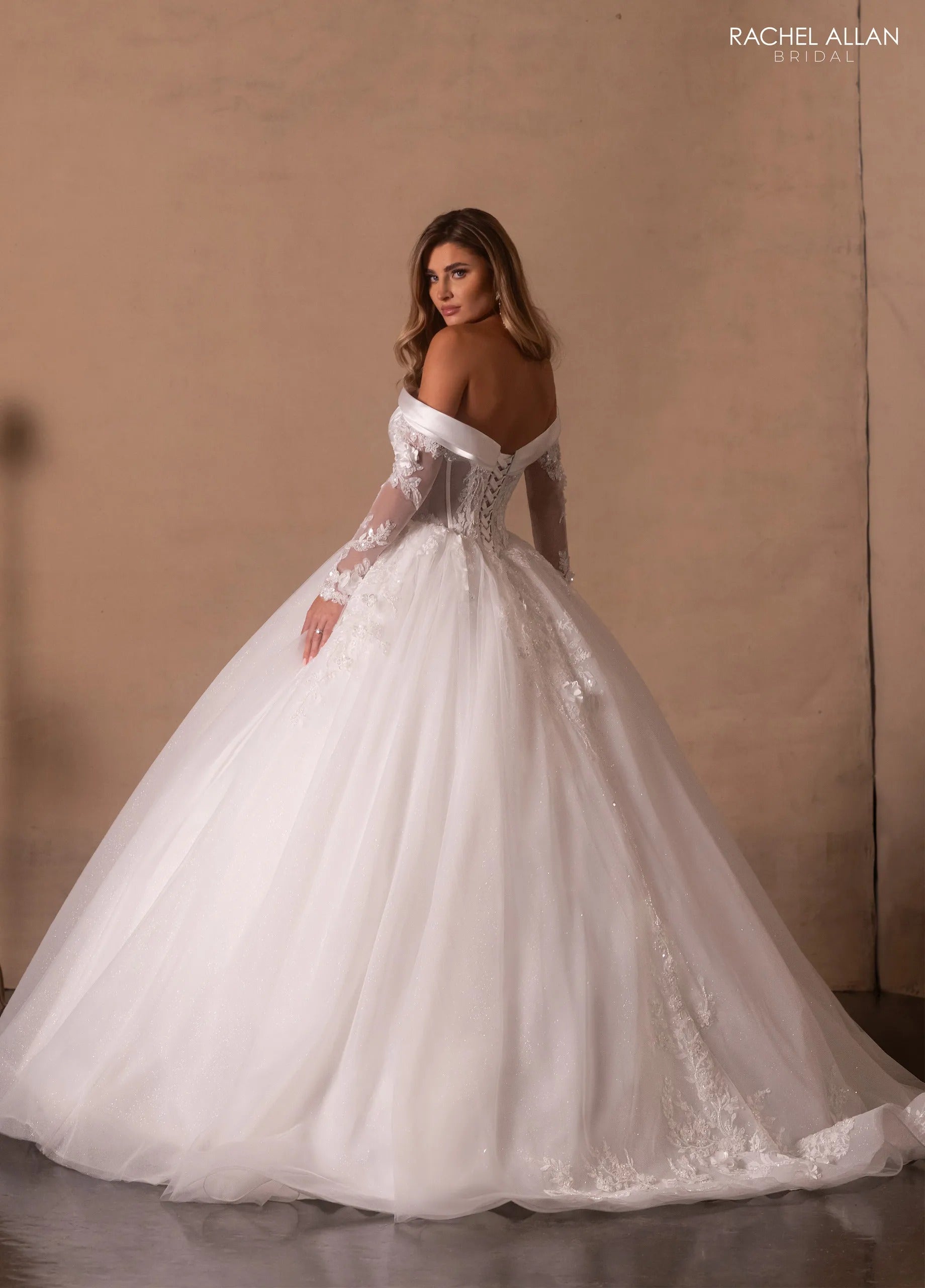 Ivory Off-the-Shoulder Floor-Length Shimmer Tulle Bridal Ball Gown with Long Lace Sleeves Rachel Allan RB6180