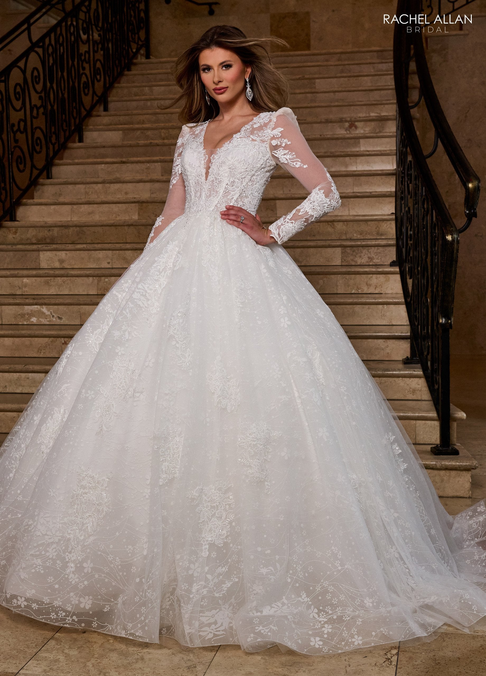 Rachel Allan RB6172 Long Glitter Beaded Lace Wedding Dress